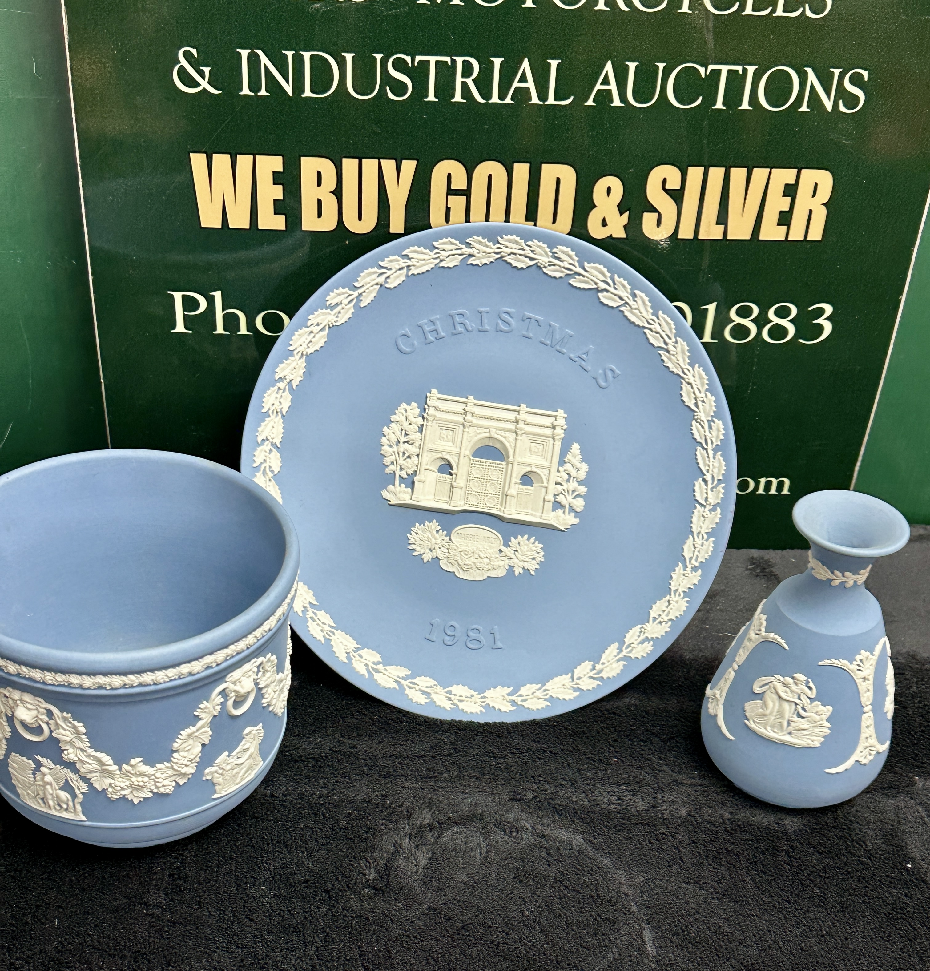 A Trio of Wedgwood Light Blue and White Jasperware Items