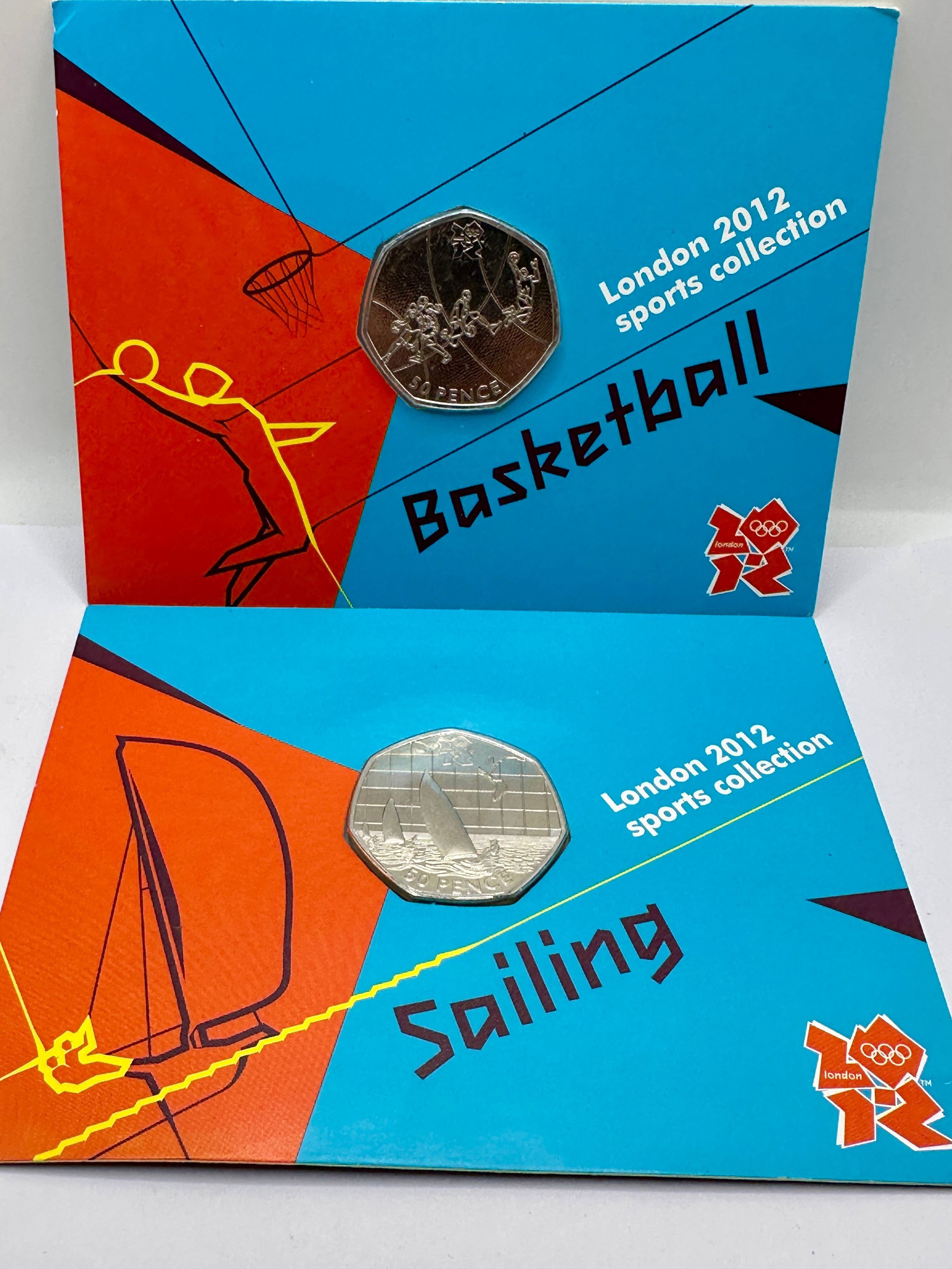 UK London 2012 Sports Collection 50 Pence Coins, Basketball and Sailing