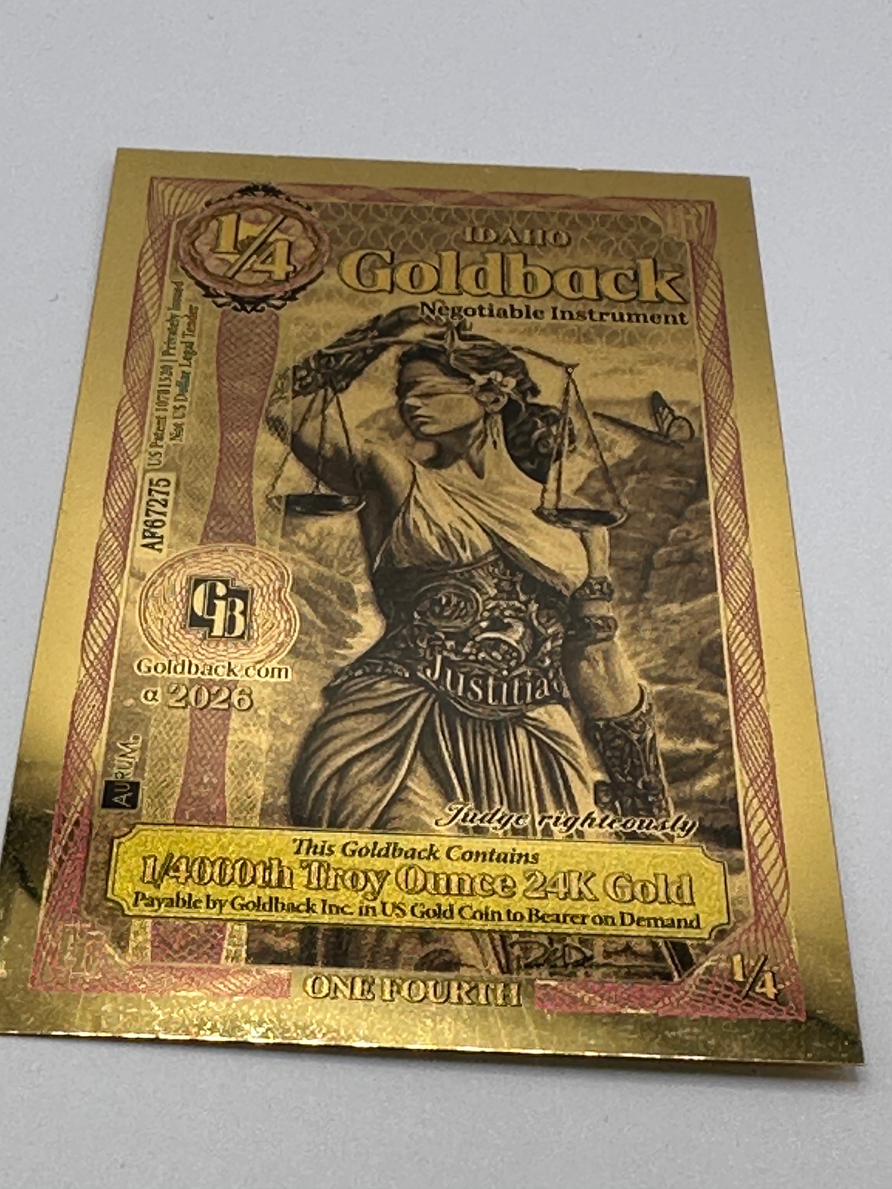 US 2026 Idaho Alpha Series 24ct Gold One Quarter Goldback