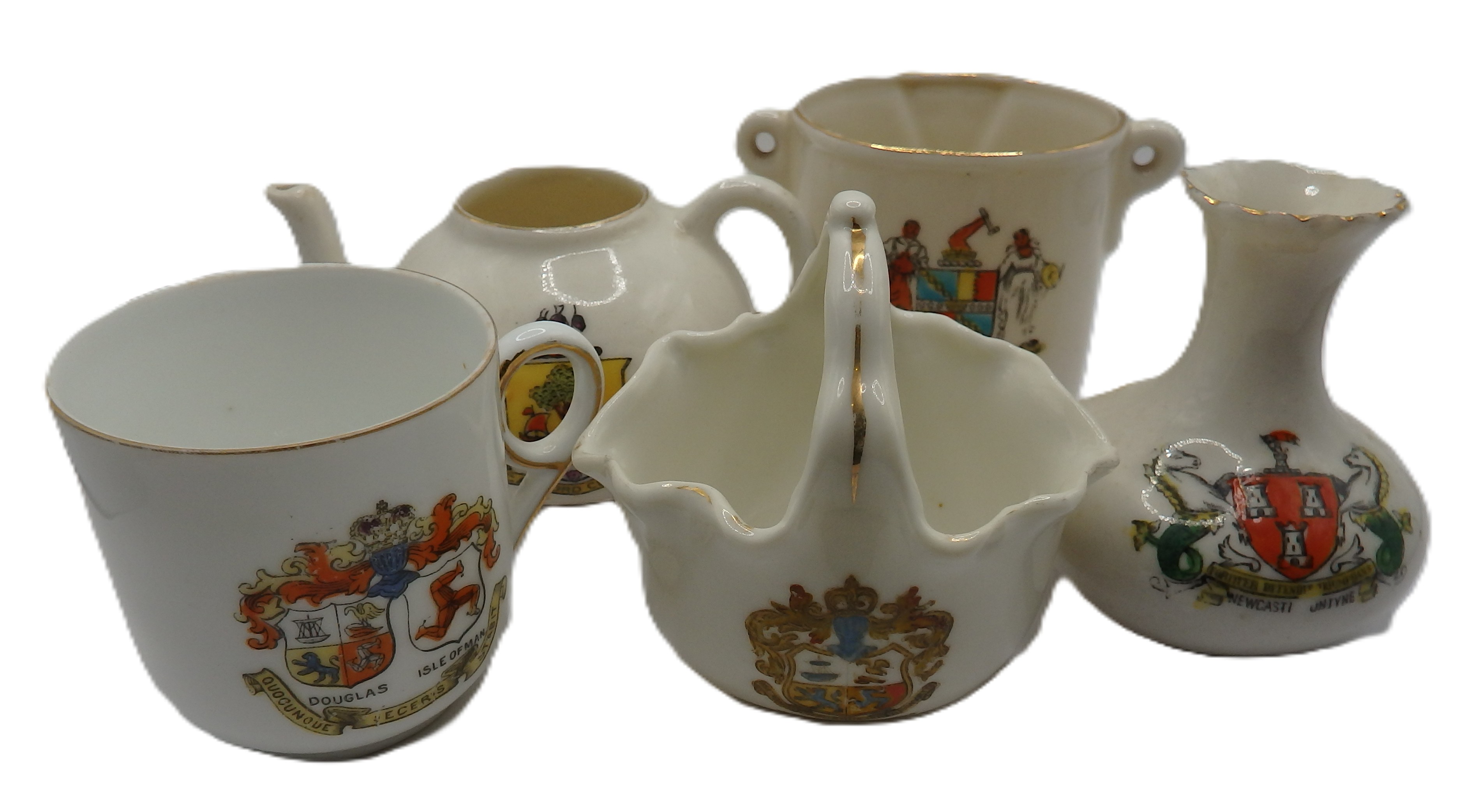A Five-Piece Collection of British Glazed Porcelain Miniature Crested Souvenir Ware