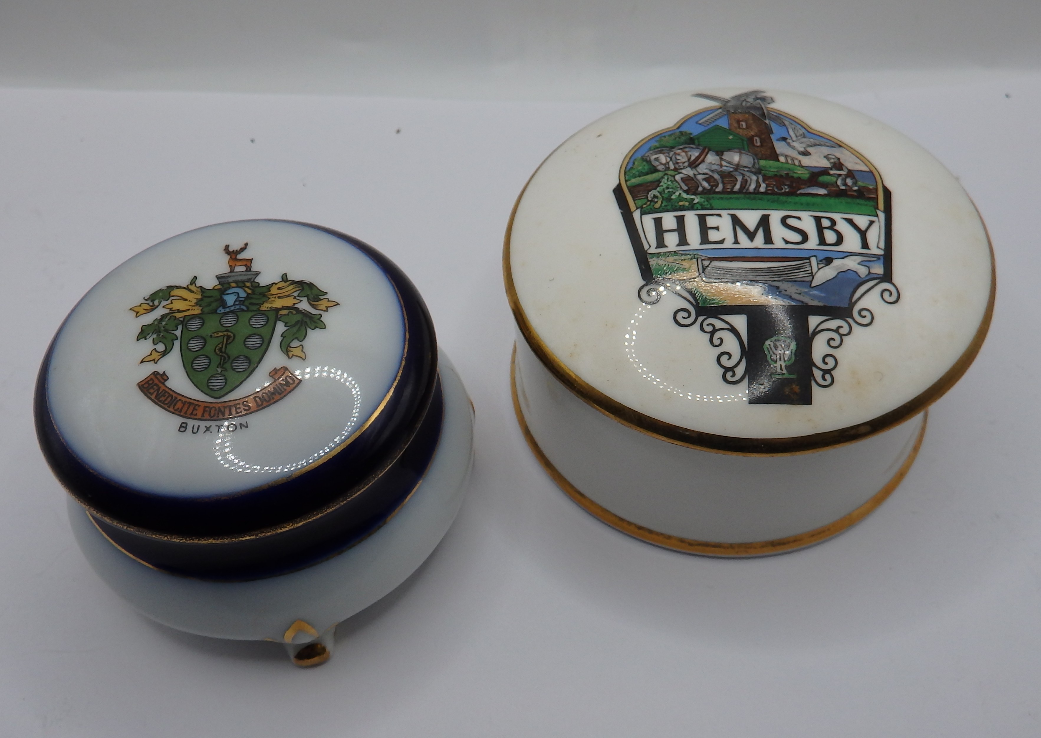 Two Lidded Trinket Boxes With Buxton And Hemsby Souvenir Decoration