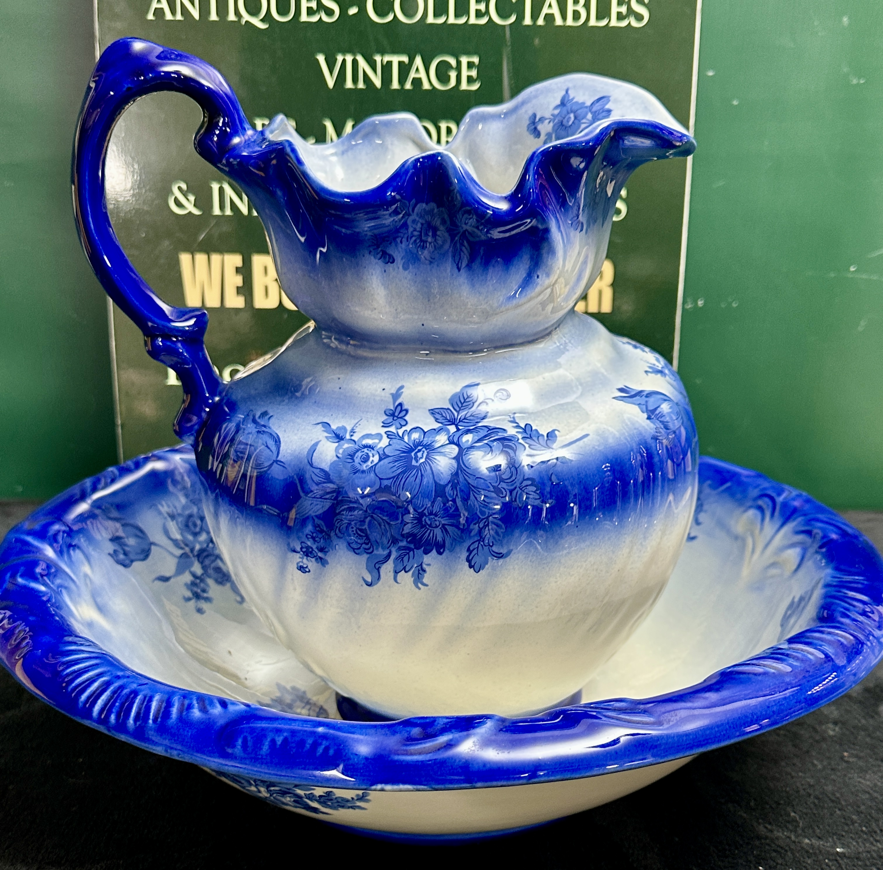 An English Flow Blue Wash Jug and Basin Set