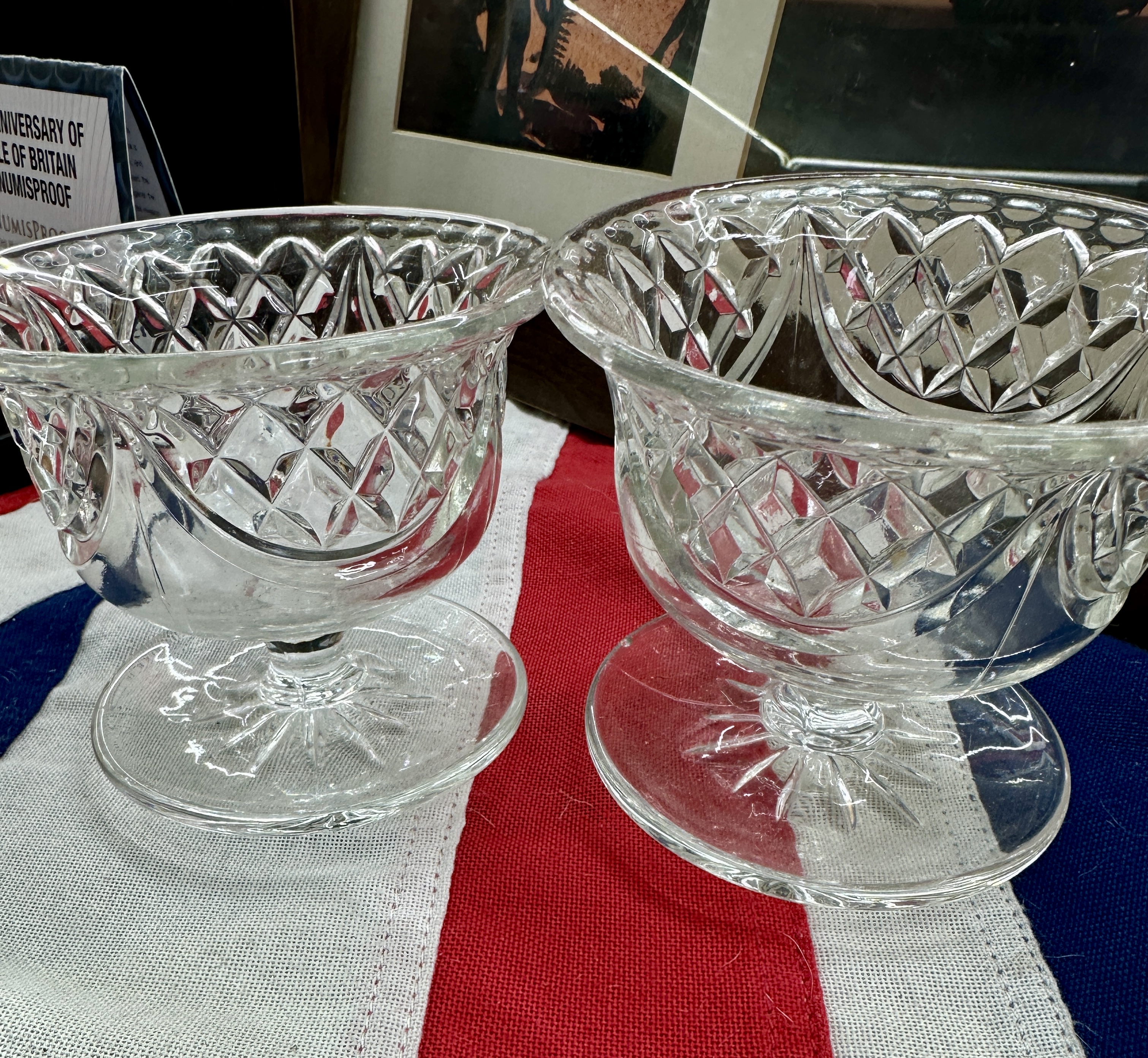 A Pair of Glass Pedestal Bowls with Moulded Diamond Pattern