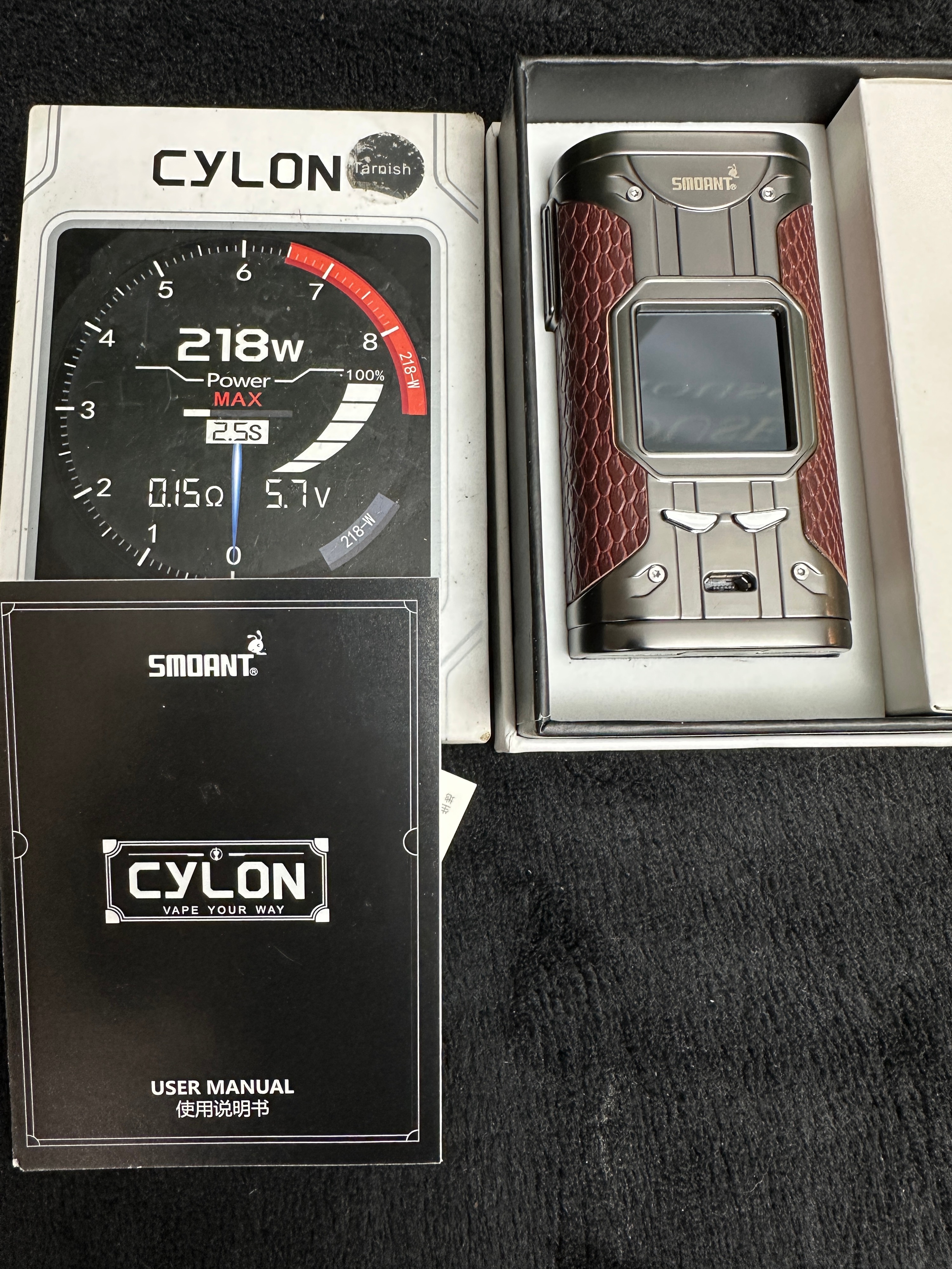 A Smoant Cylon 218W Box Mod with Tarnish Finish and Manual