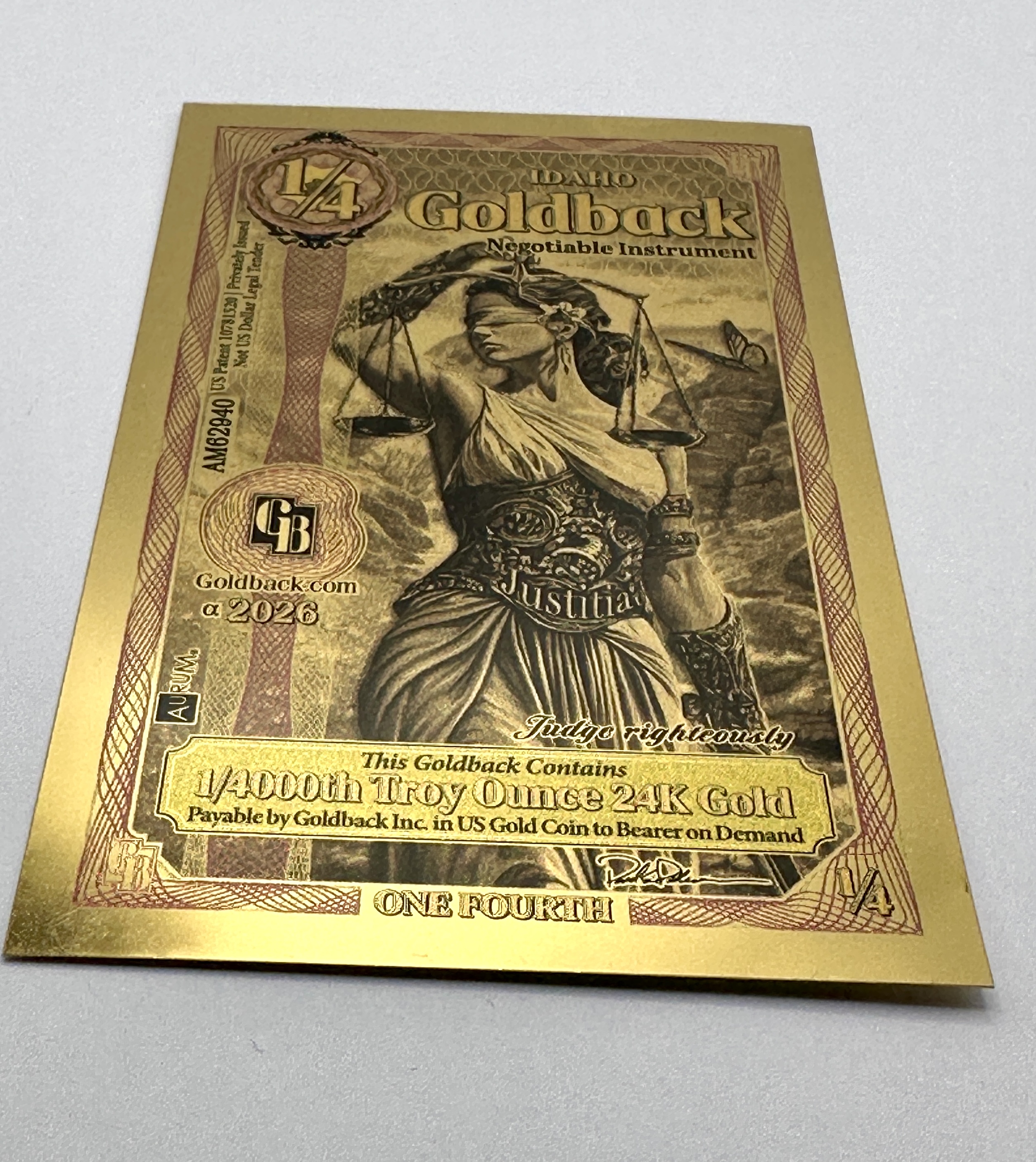 Idaho 2020 1/4 Goldback 24 Carat Gold Note