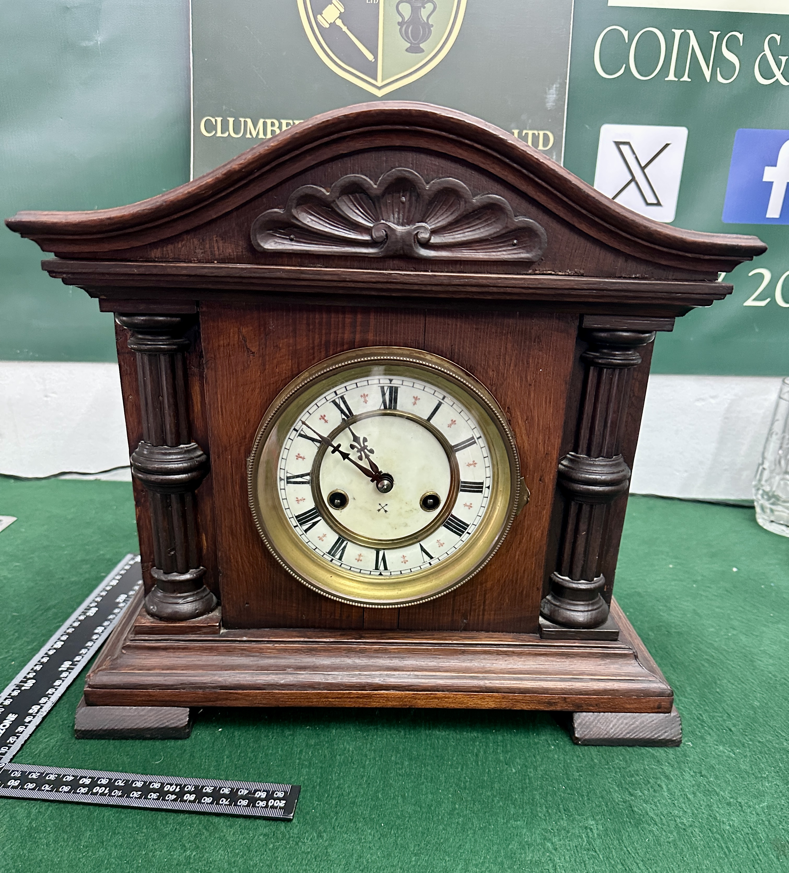 A Wooden Architectural Mantel Clock with Fluted Columns