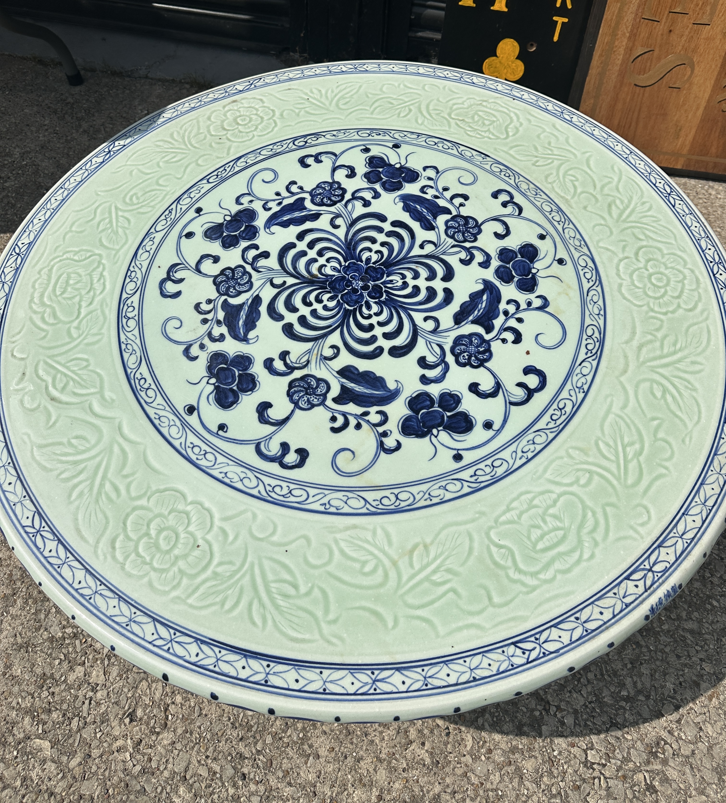 A Chinese Pedestal Table with Underglaze Blue and Celadon Decoration