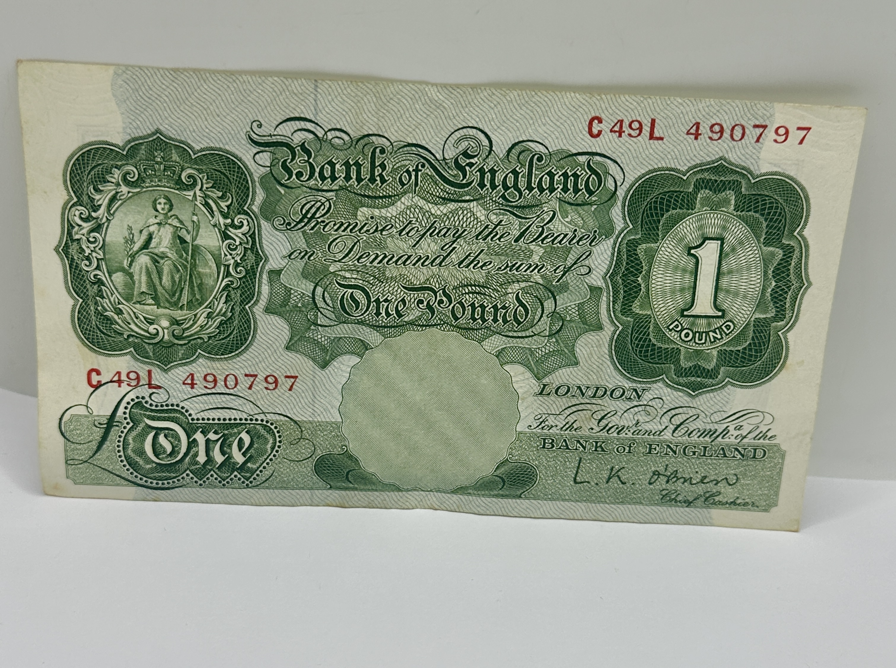 UK Bank of England One Pound Banknote, L. K. O'Brien Signature