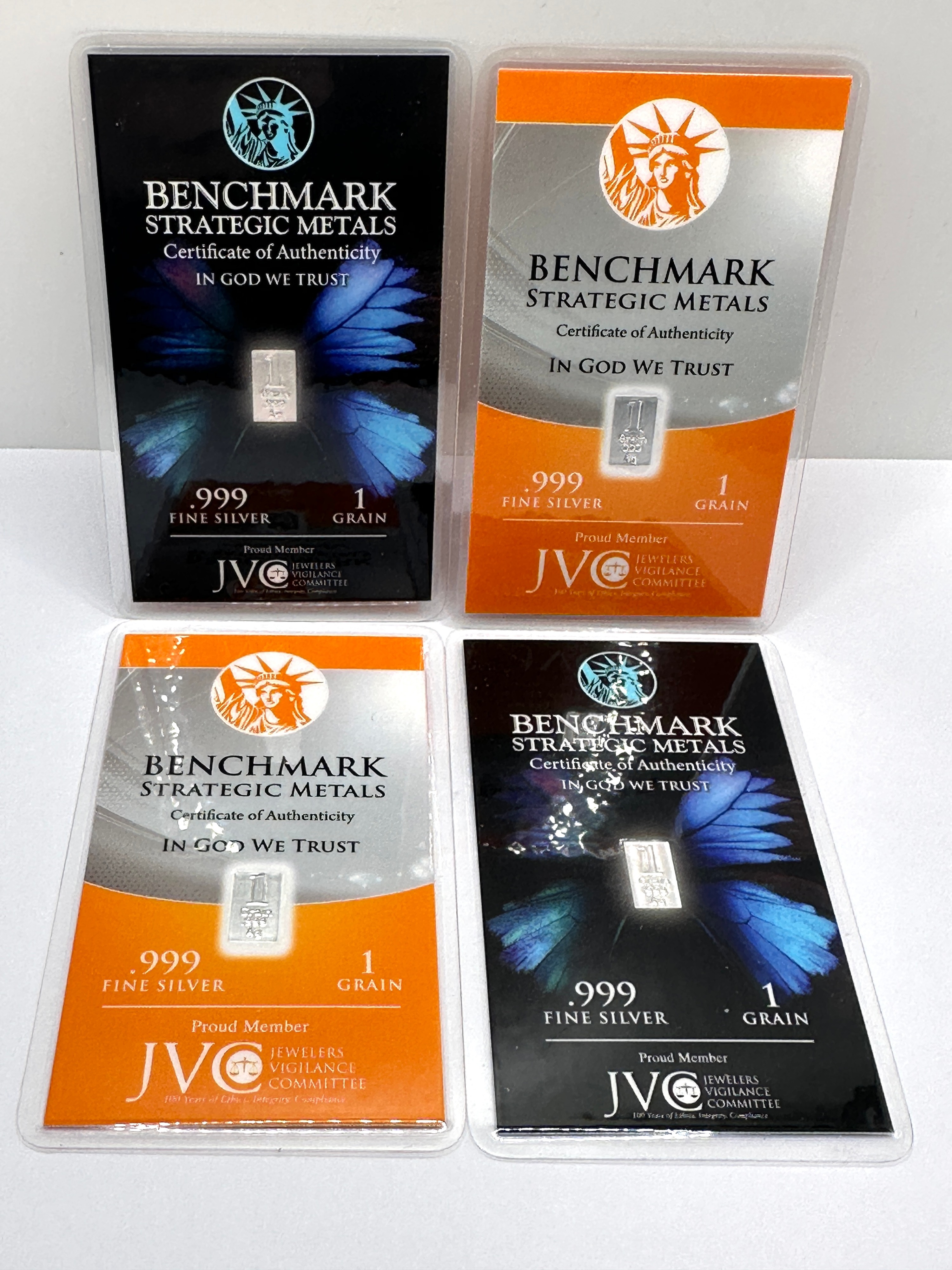 A Collection of Benchmark Strategic Metals .999 Fine Silver 1 Grain Bullion Bars