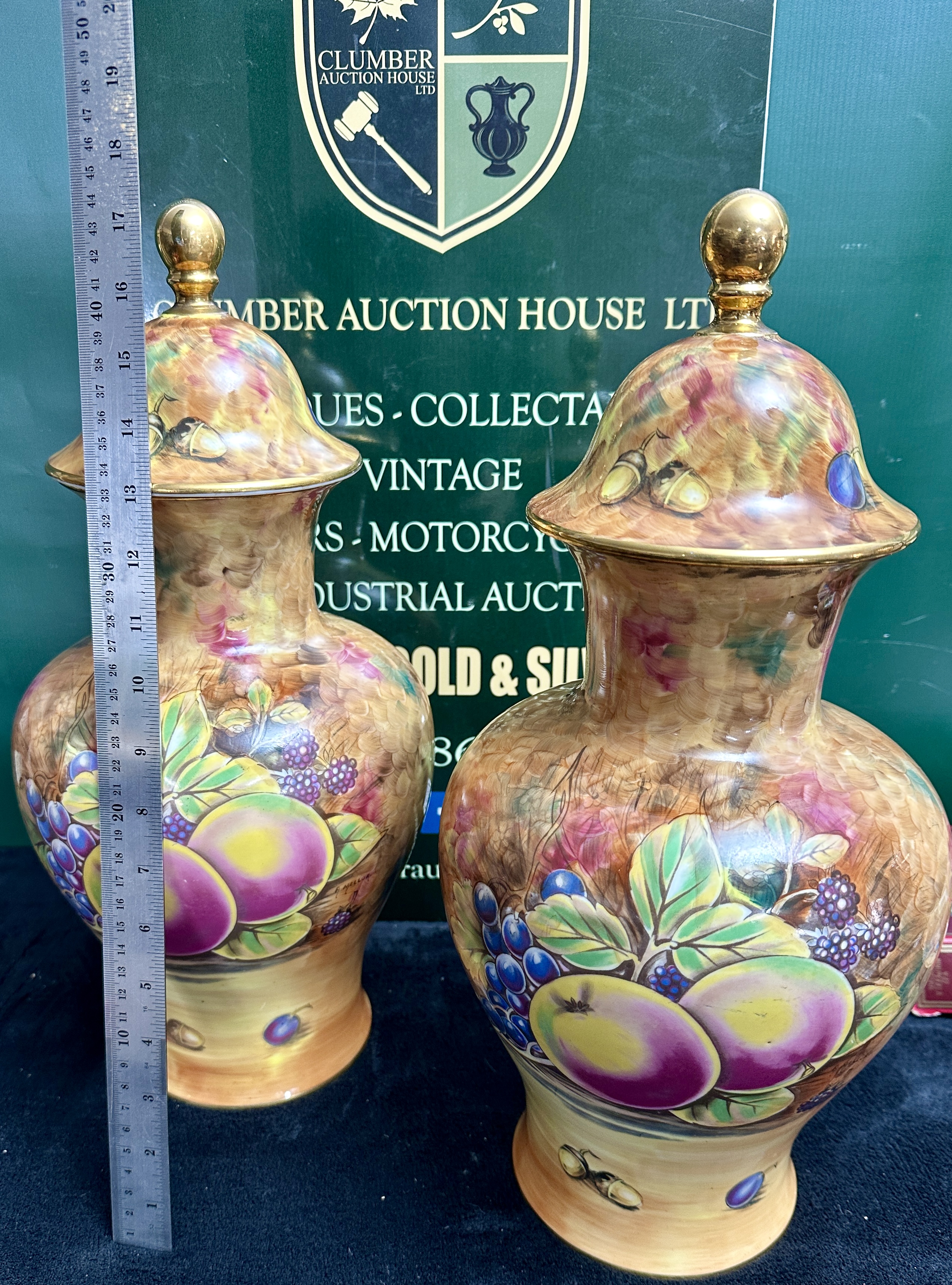 A Pair of Bareuther China Lidded Jars, Fruit Decoration by R. Mellor