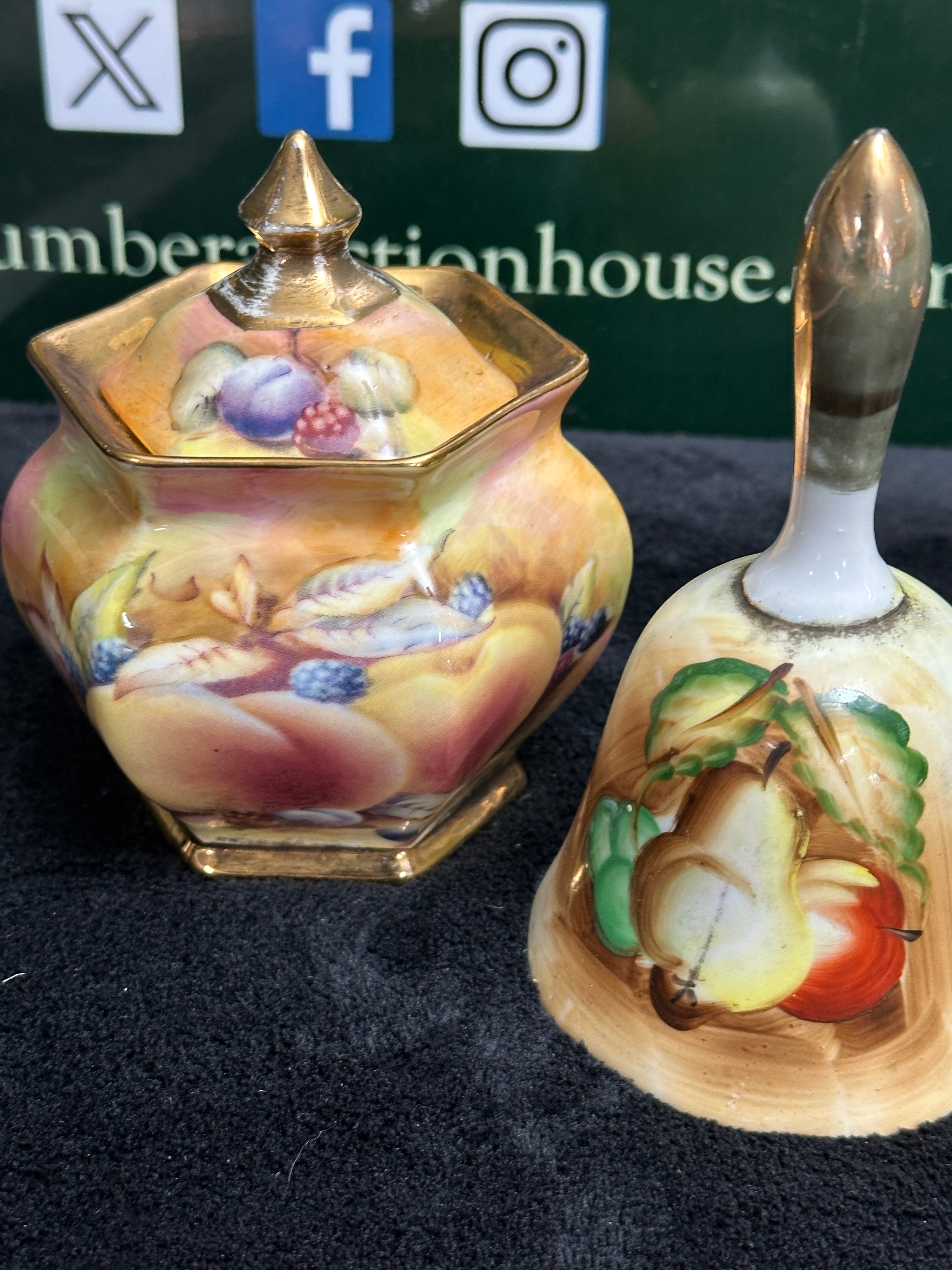 An English Claytondale China Hexagonal Lidded Jar and Hand Bell