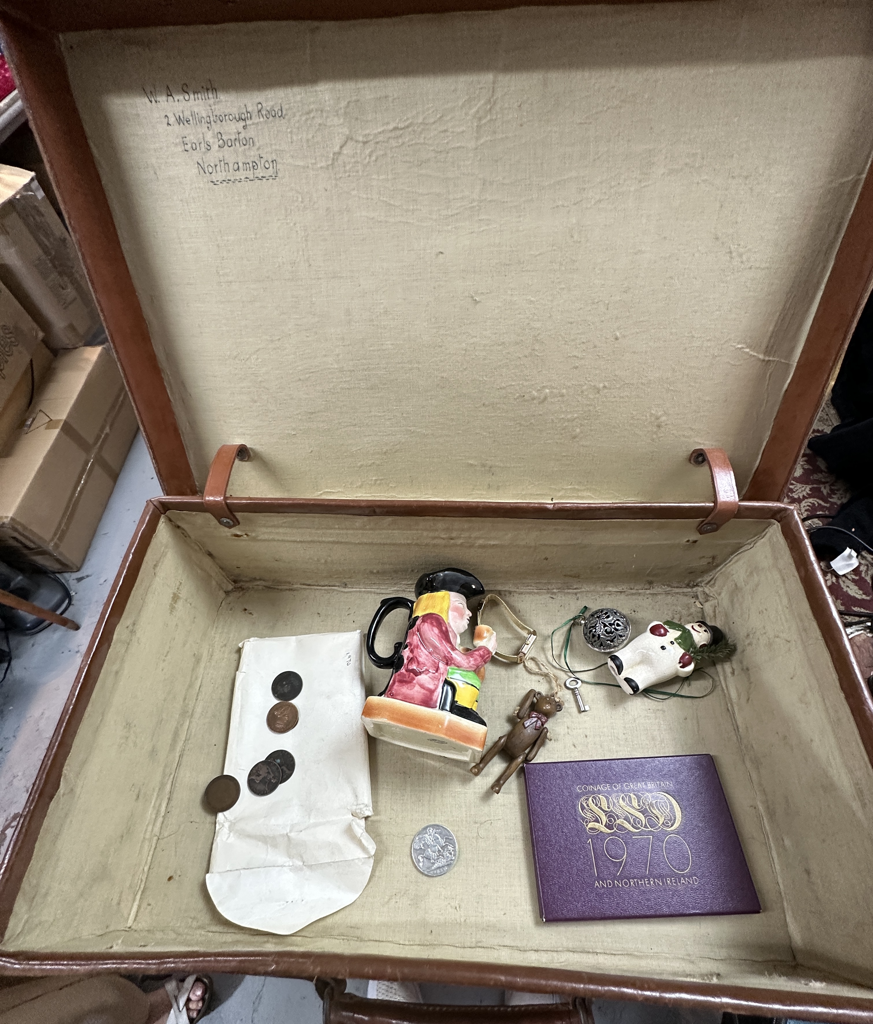A Mid-20th Century Leather Suitcase Containing 1970 Coin Set and Collectibles