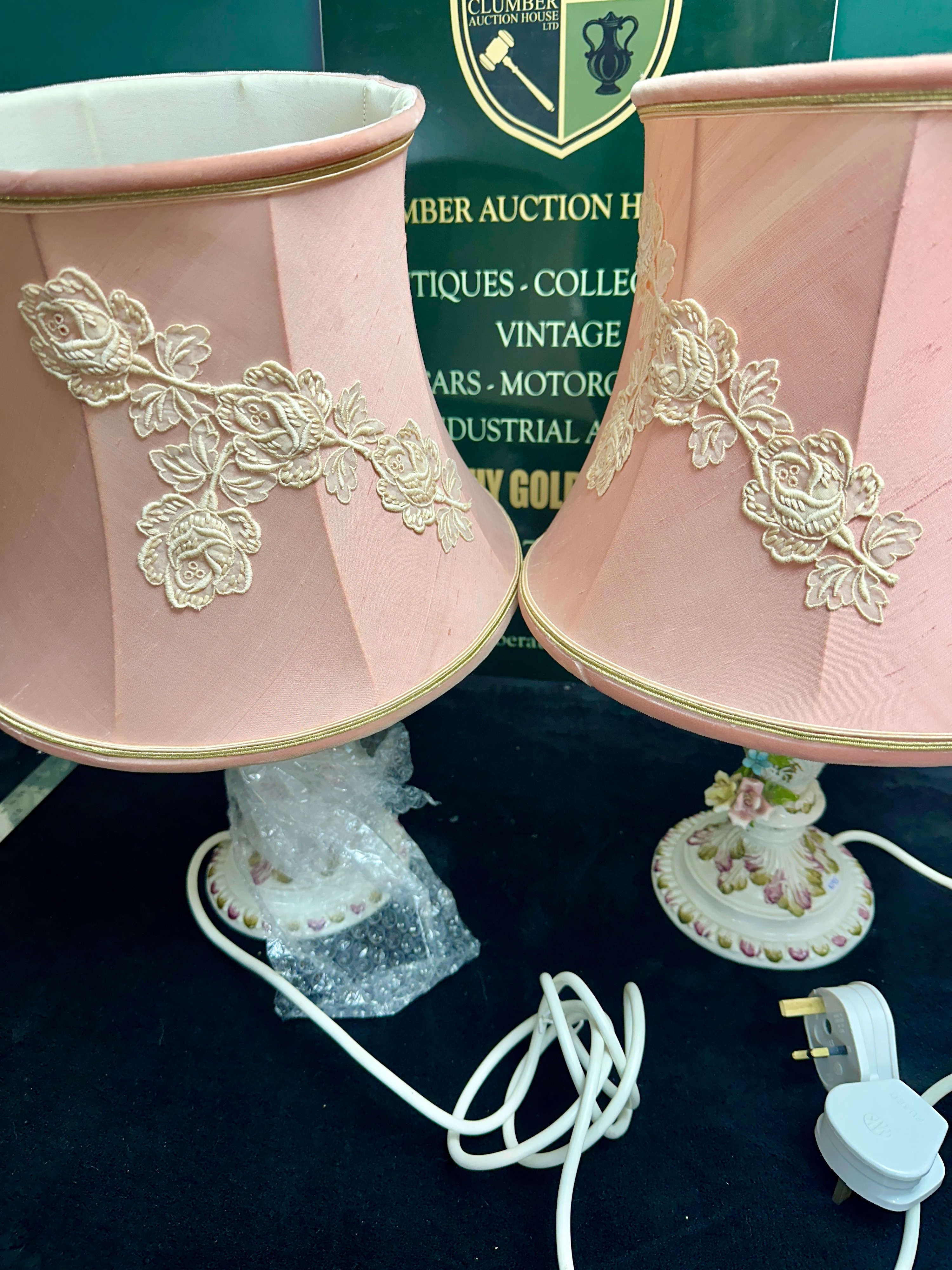 A Pair of Table Lamps with Applied Floral Decoration and Fabric Shades