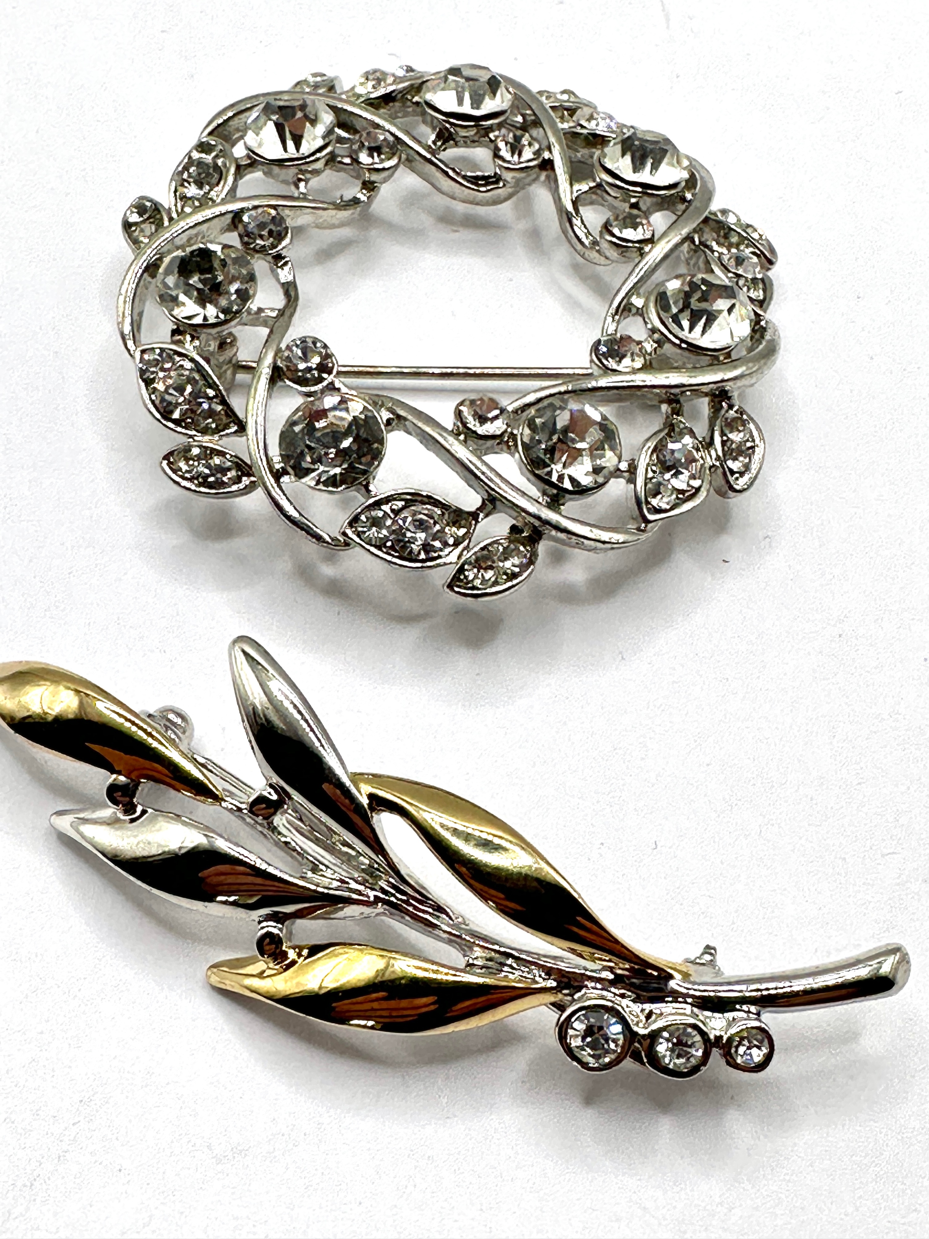 Two Foliate Brooches with Glass Stone Accents