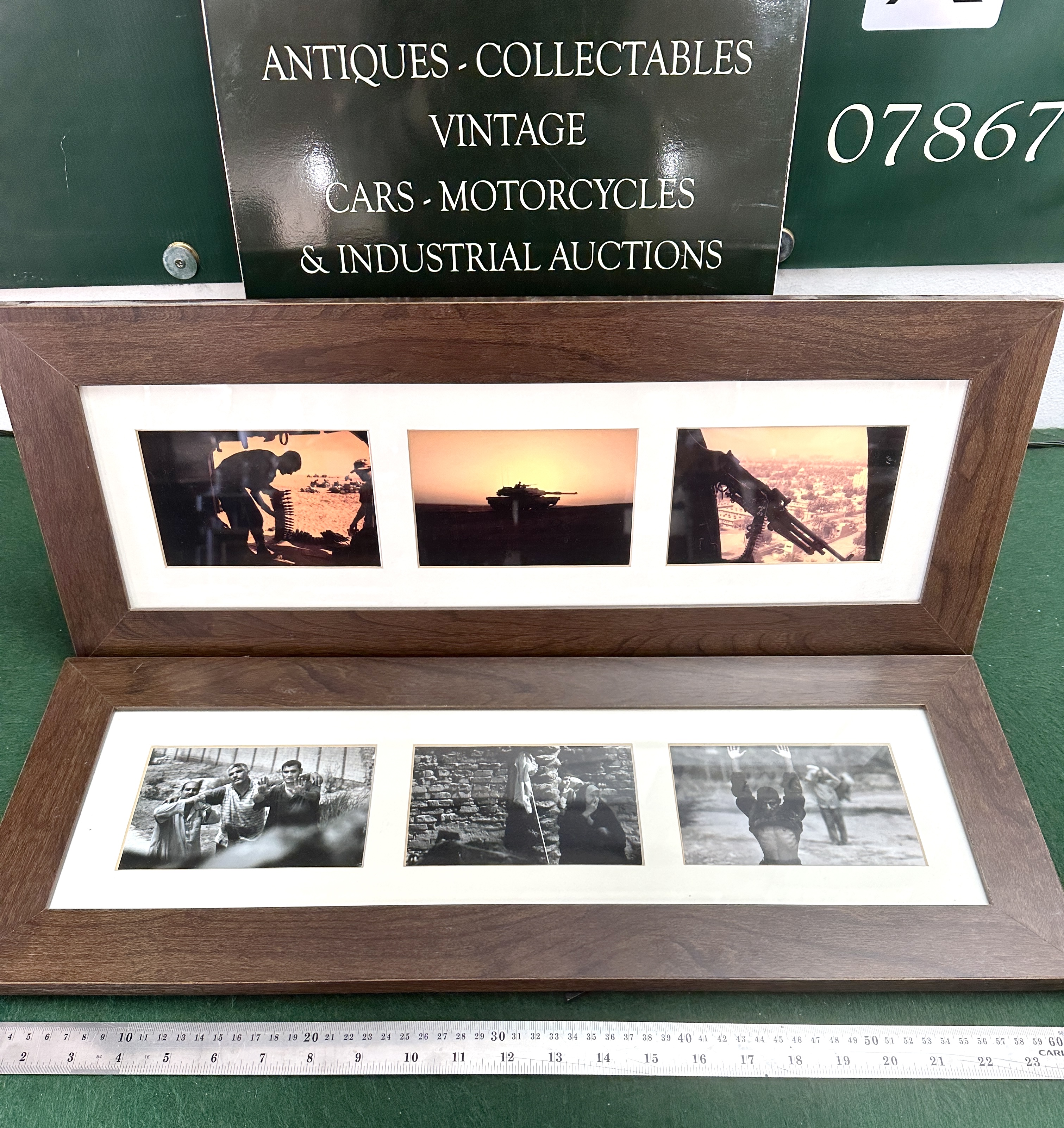 A Pair of Triptych Photograph Frames with Military and Conflict Scenes
