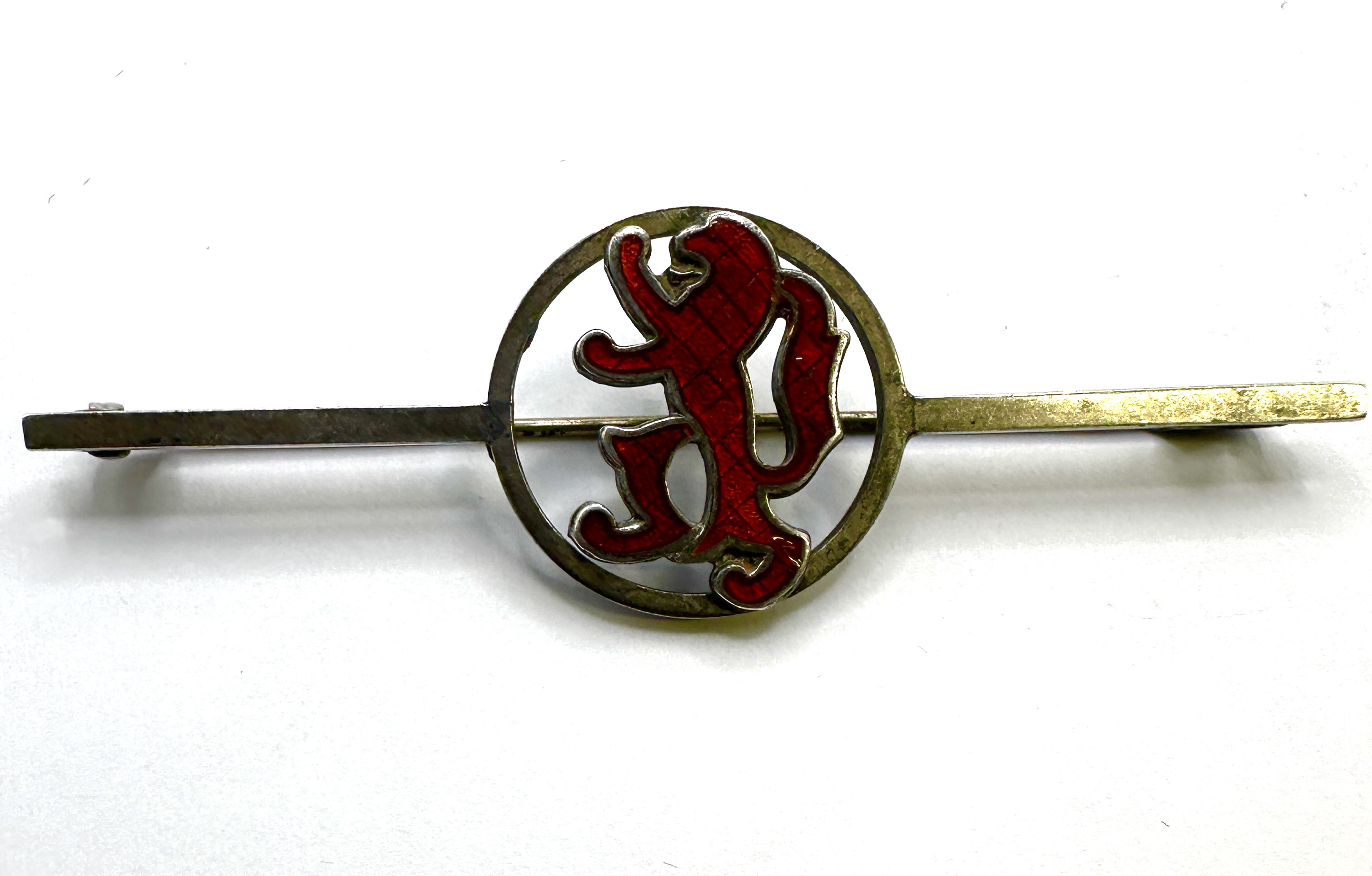 An English 925 Silver Bar Brooch With Red Enamel Lion Rampant