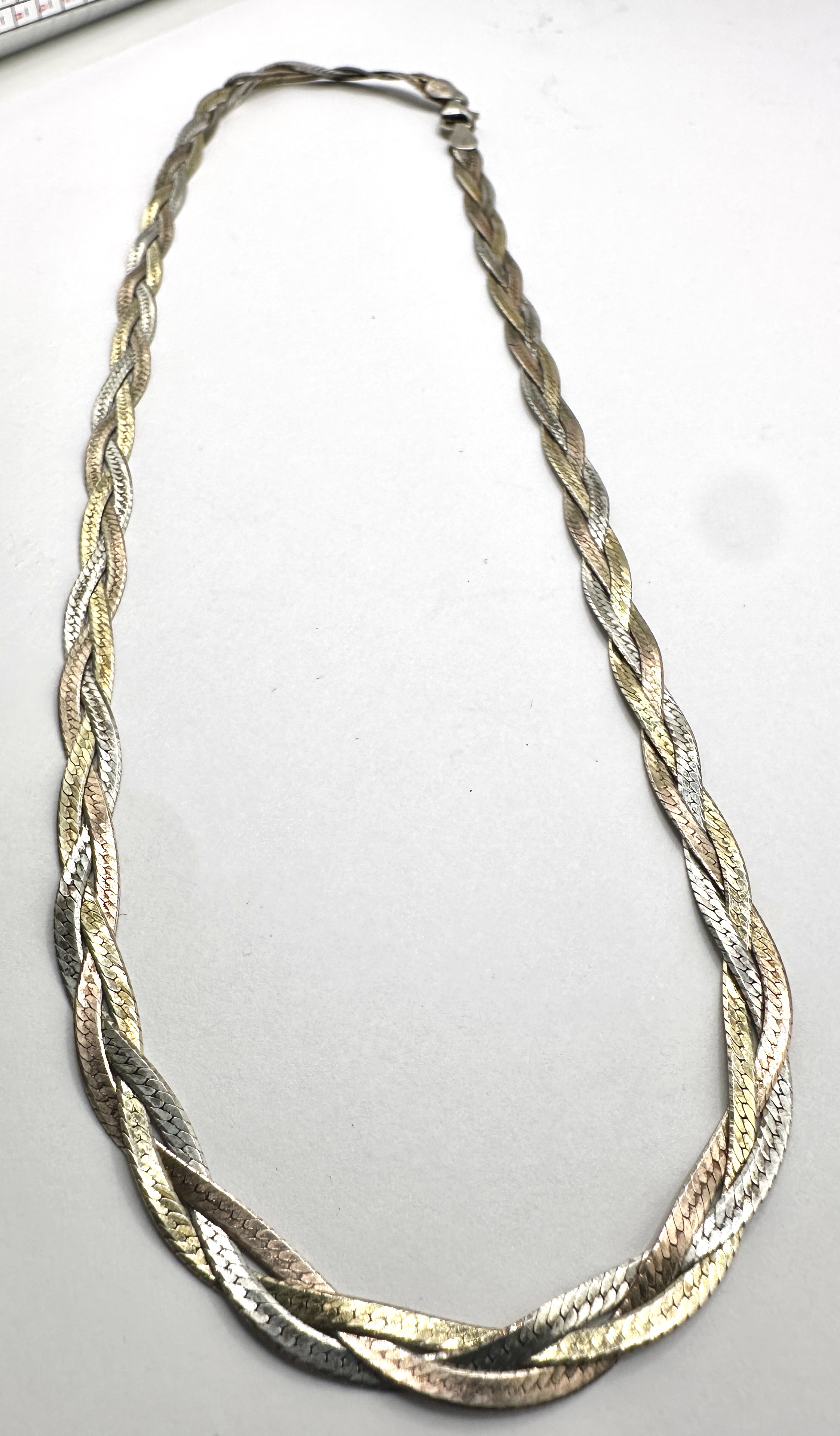A Tri-Colour Braided 925 Silver Herringbone Chain Necklace