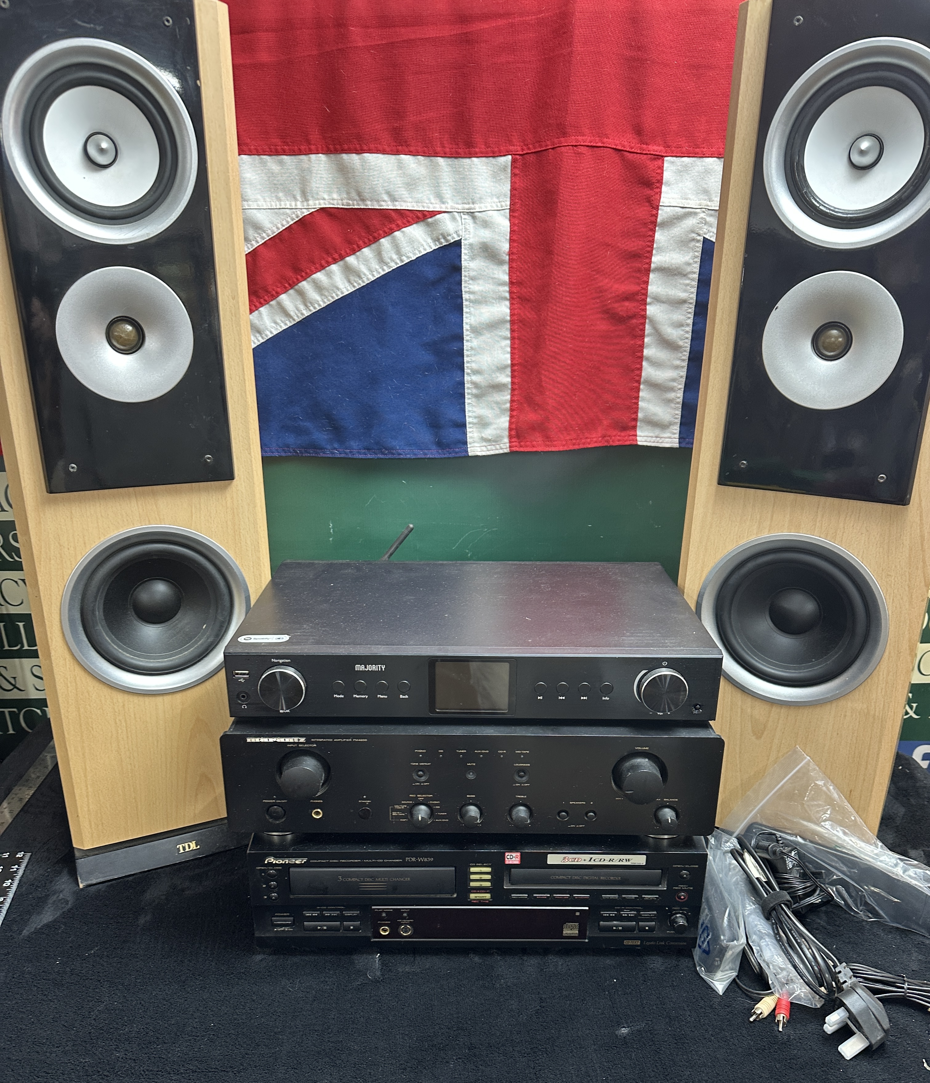 A Marantz, Pioneer, and Majority Audio Component Group with TDL Speakers