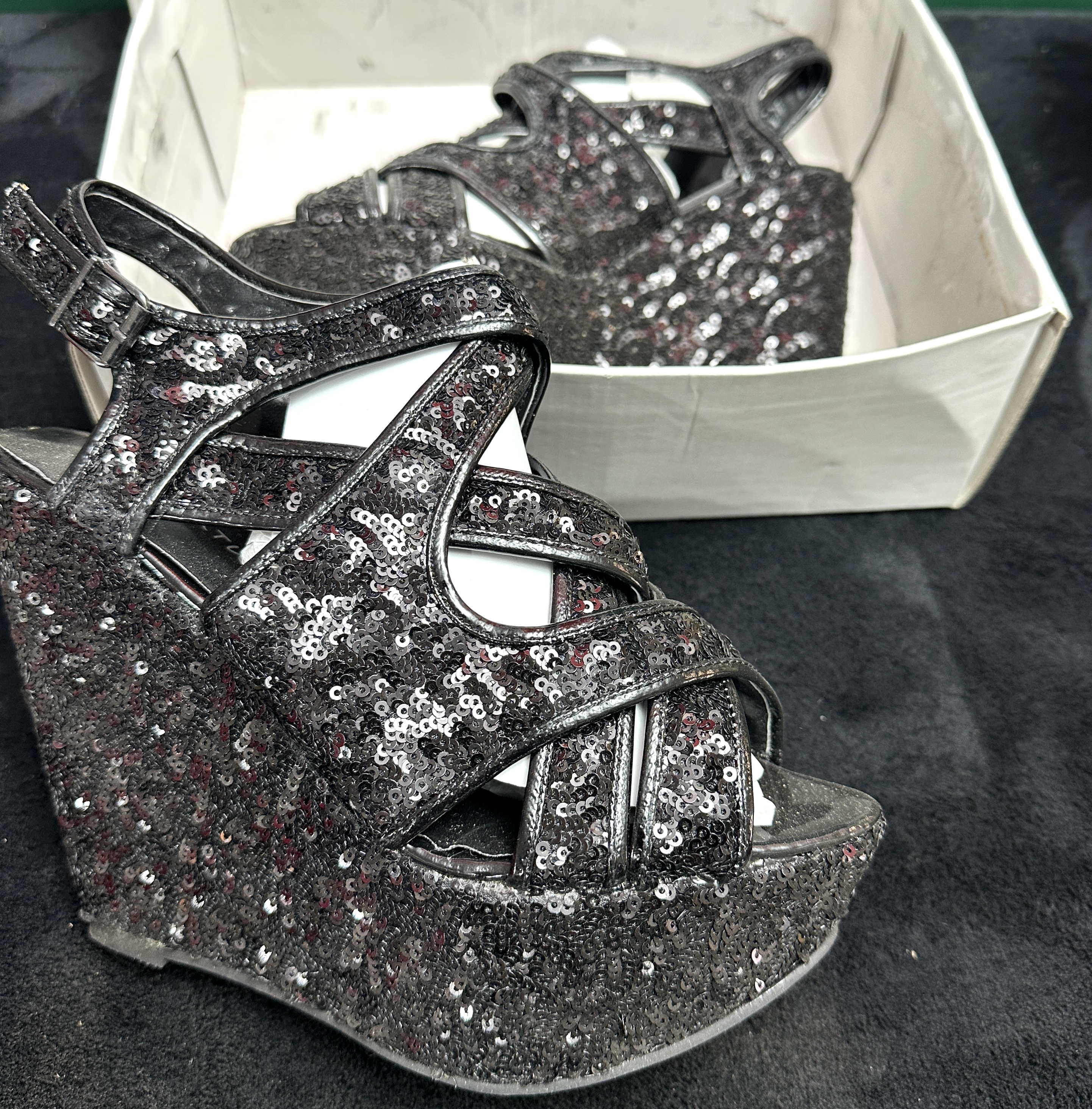 A Pair of KOI Platform Wedge Sandals with Multi-Tonal Sequins