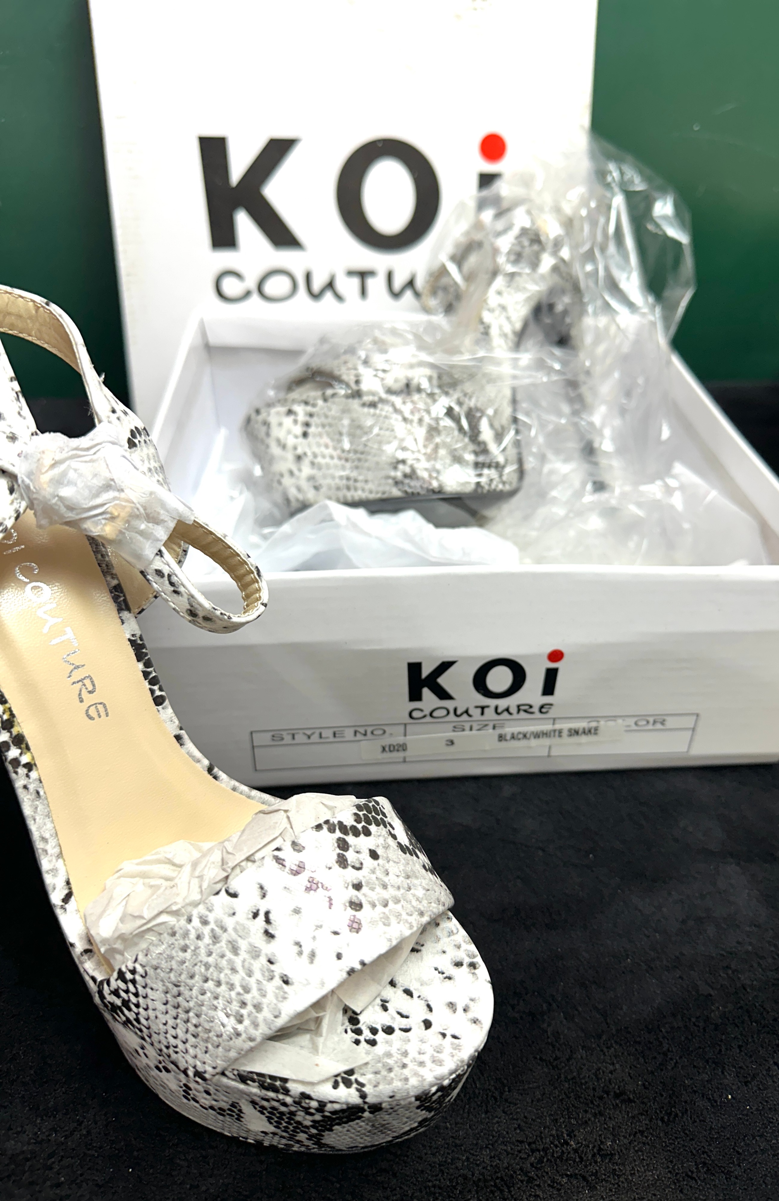 Koi Couture Black and White Snake Pattern Platform Sandals
