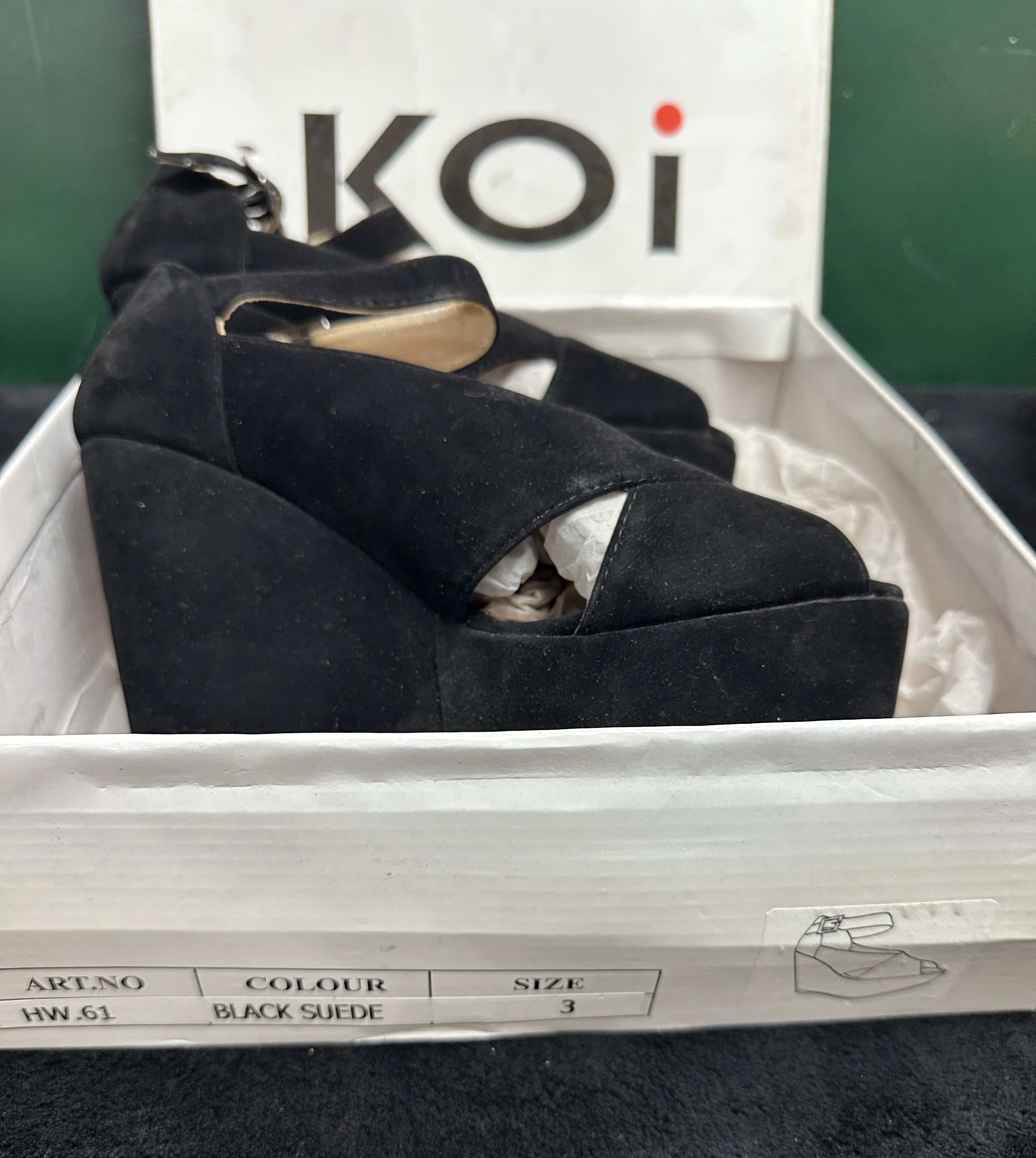 A Pair of Koi Black Platform Wedge Sandals, UK Size 3
