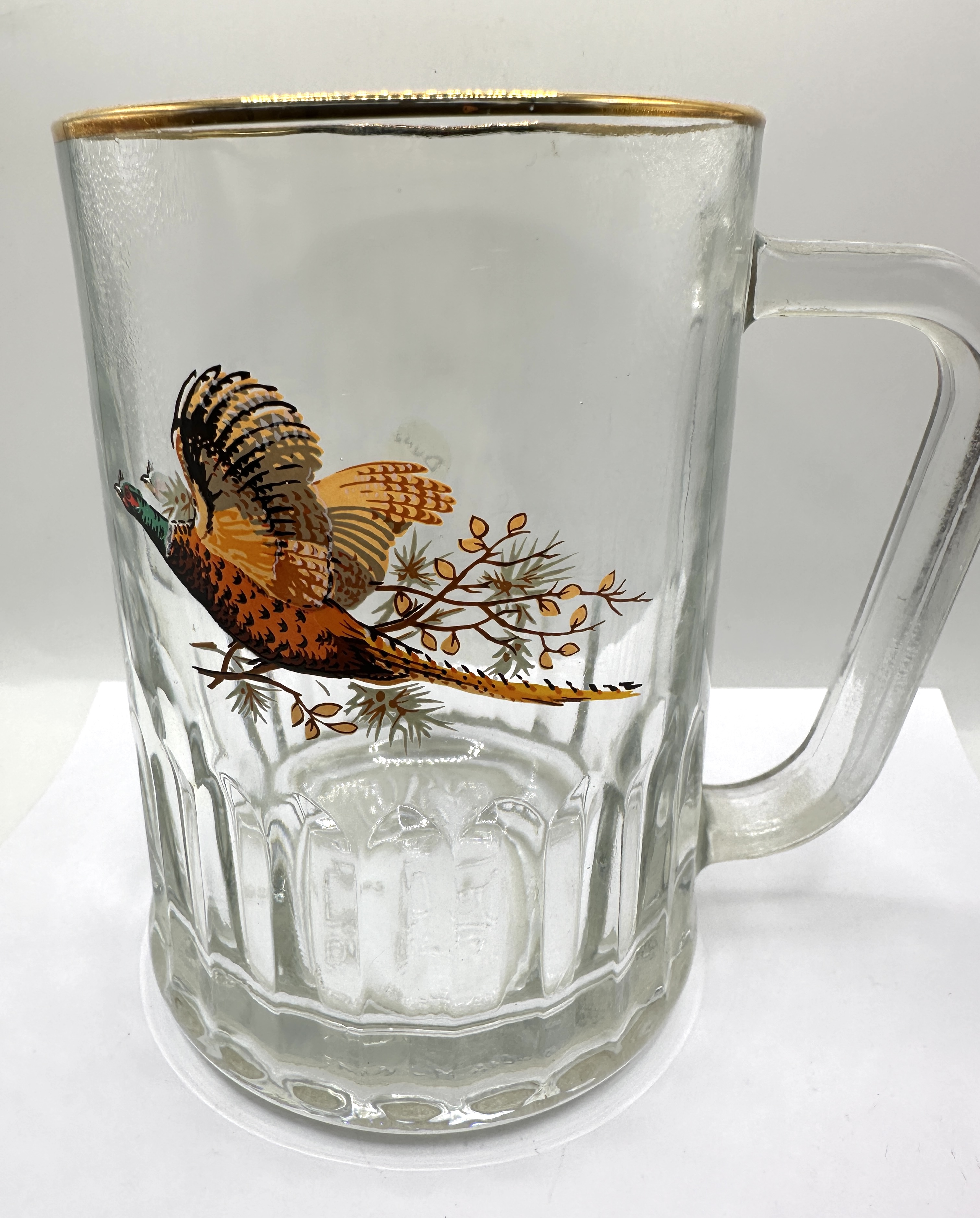 An English Glass Tankard, Flying Pheasant Decoration and Gilt Rim