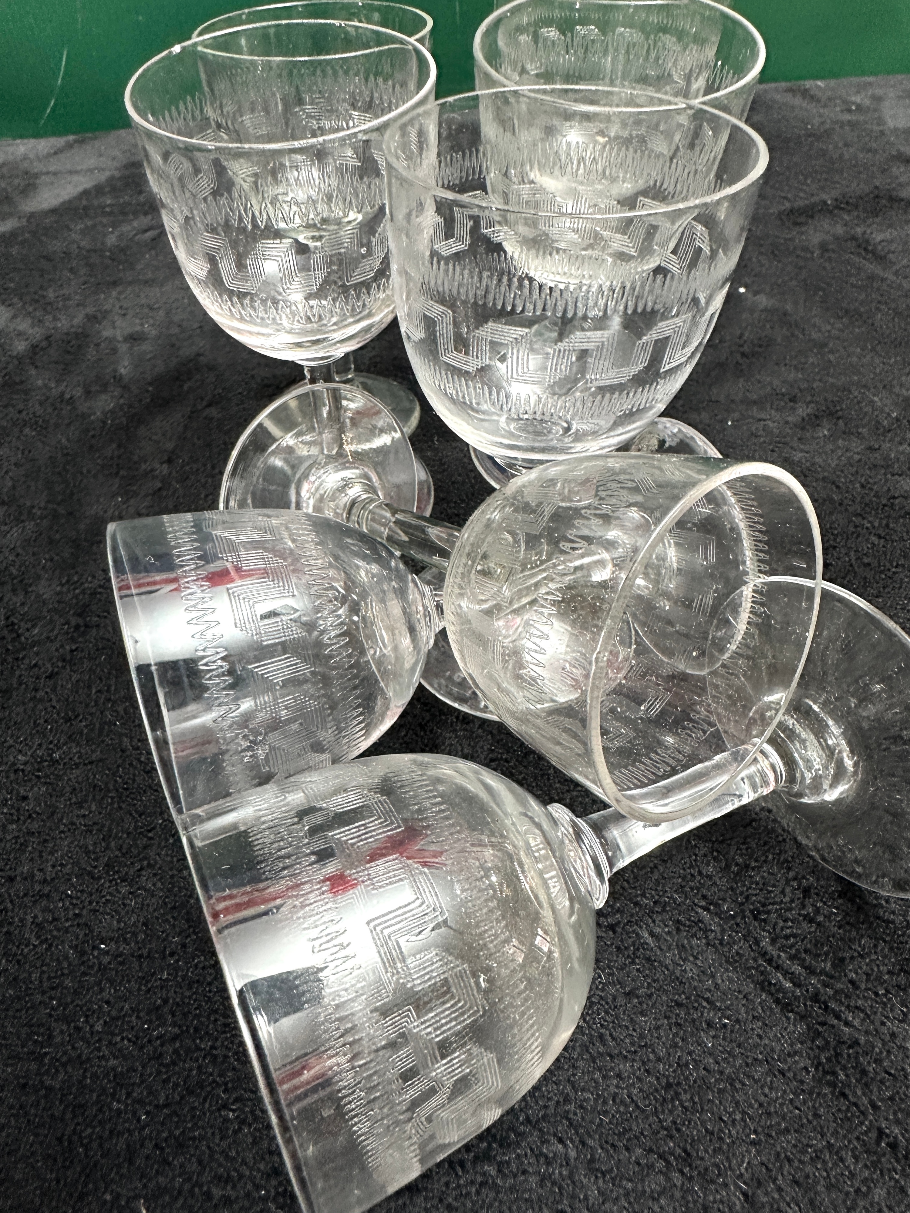 A Set of Five Glass Goblets with Etched Greek Key Decoration