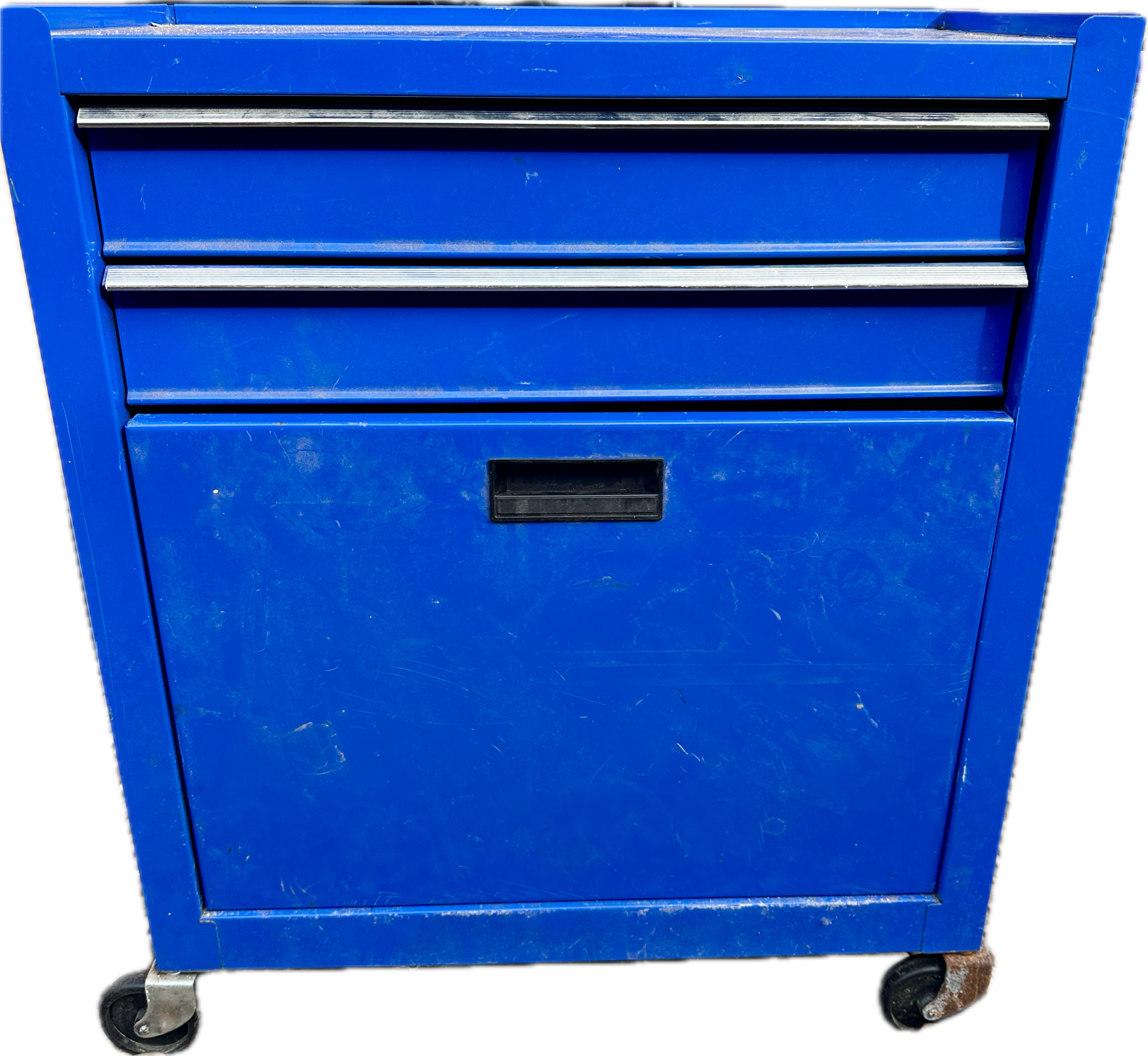 A Mobile Blue Metal Tool Cabinet with Three Compartments