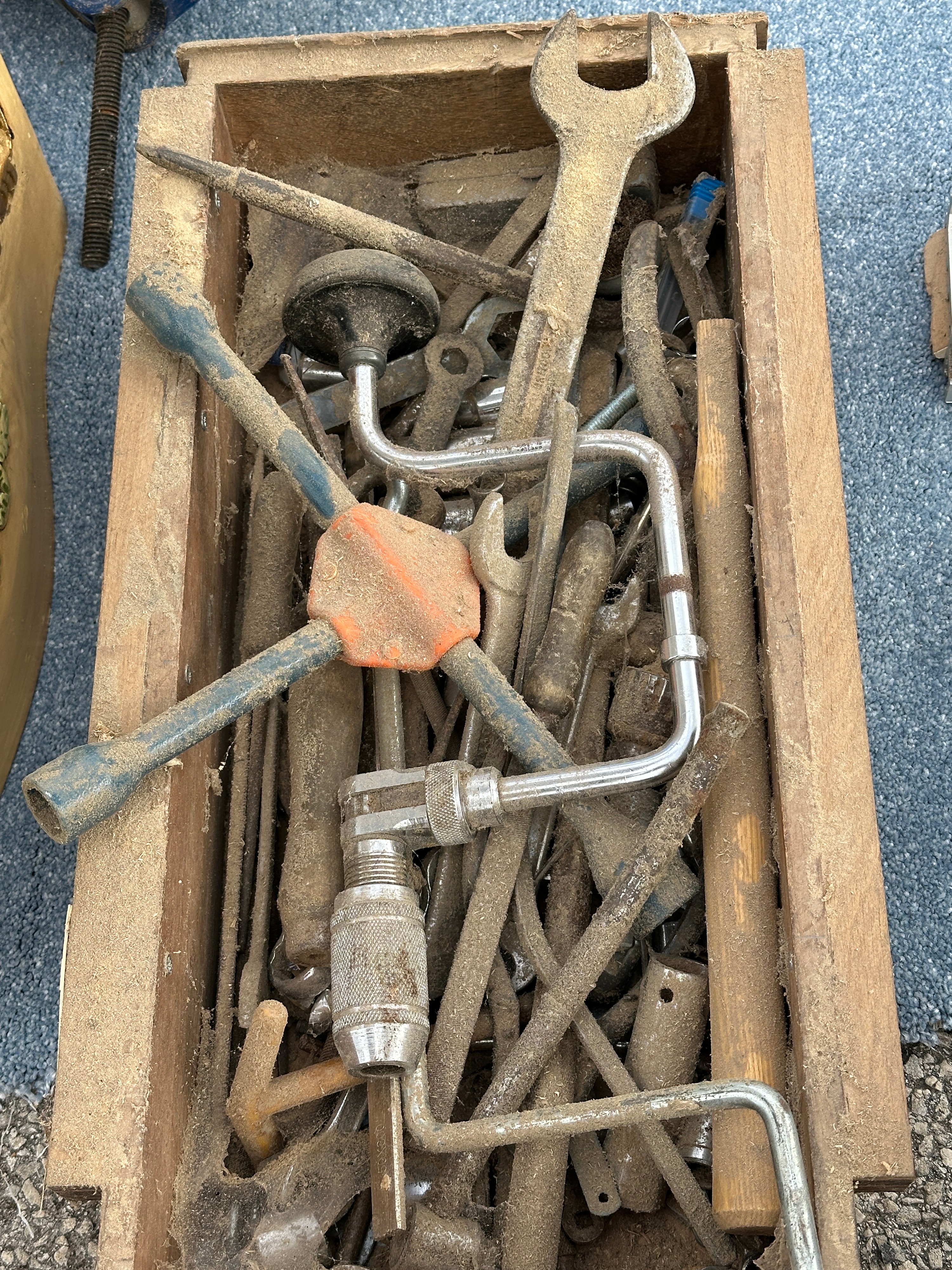 A Collection of Mid-20th Century Hand Tools in a Wooden Crate