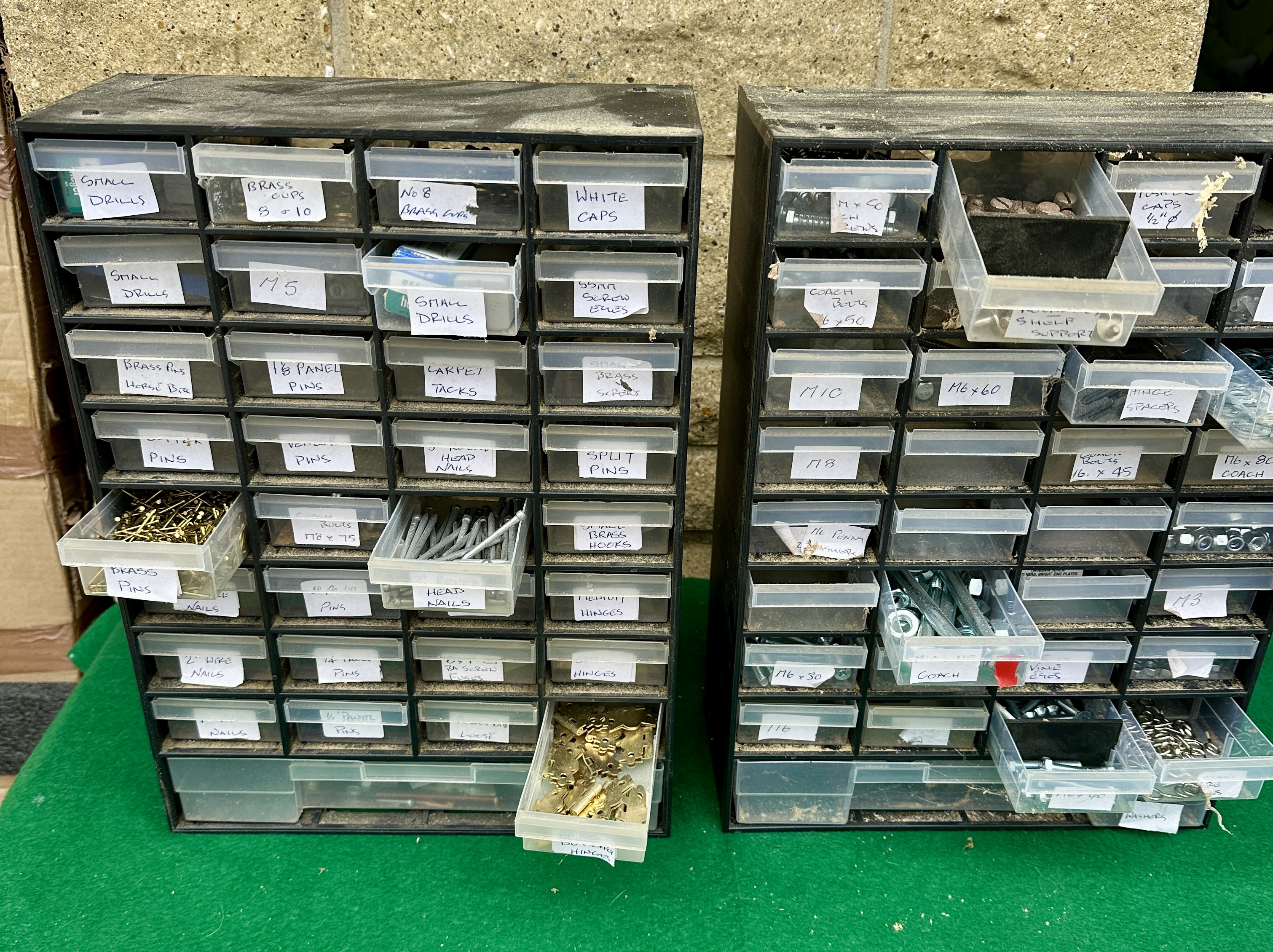 Two Multi-Drawer Workshop Organisers Containing Small-Scale Hardware and Fasteners