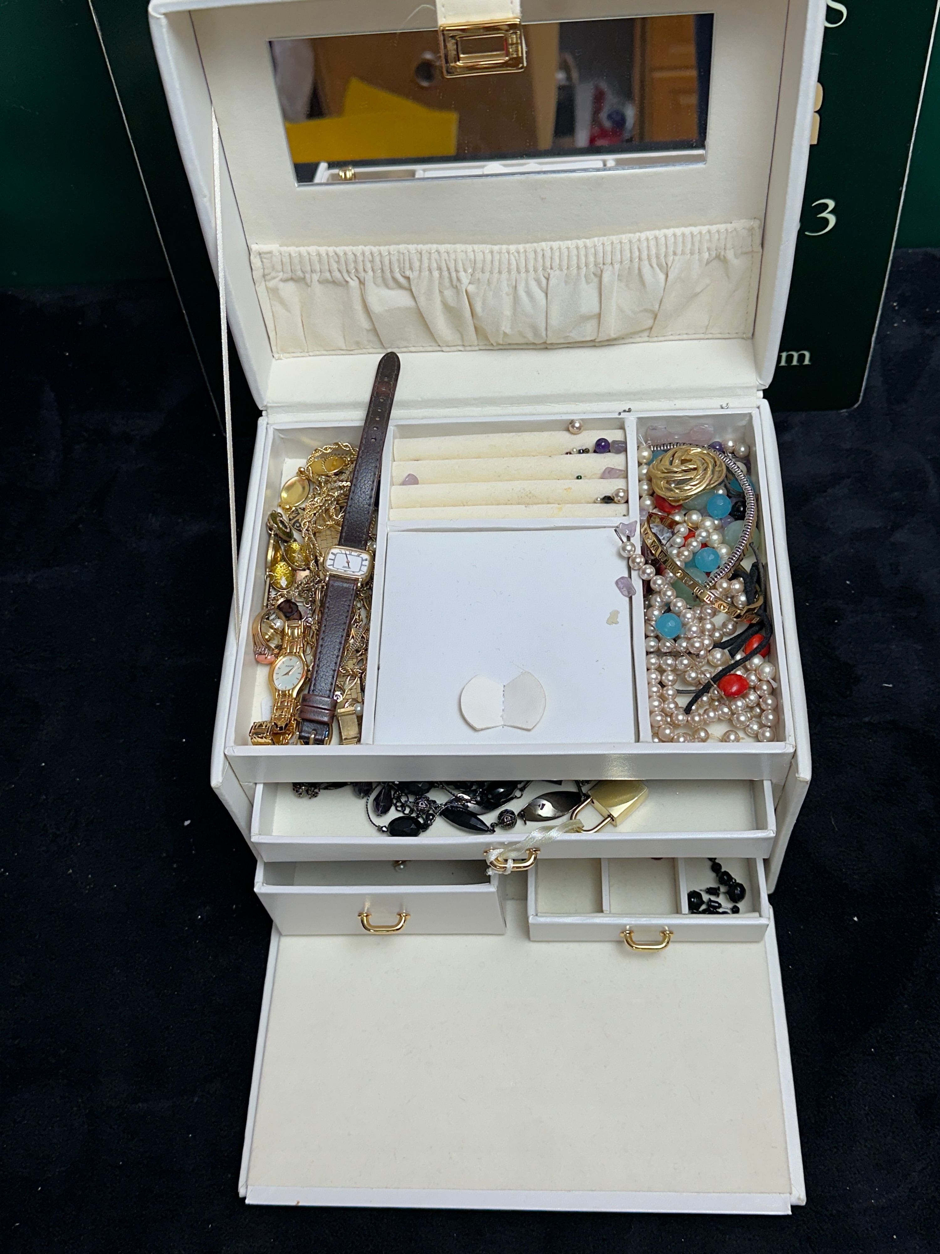 A Multi-Tier Jewellery Box Containing Assorted Wristwatches and Costume Jewellery