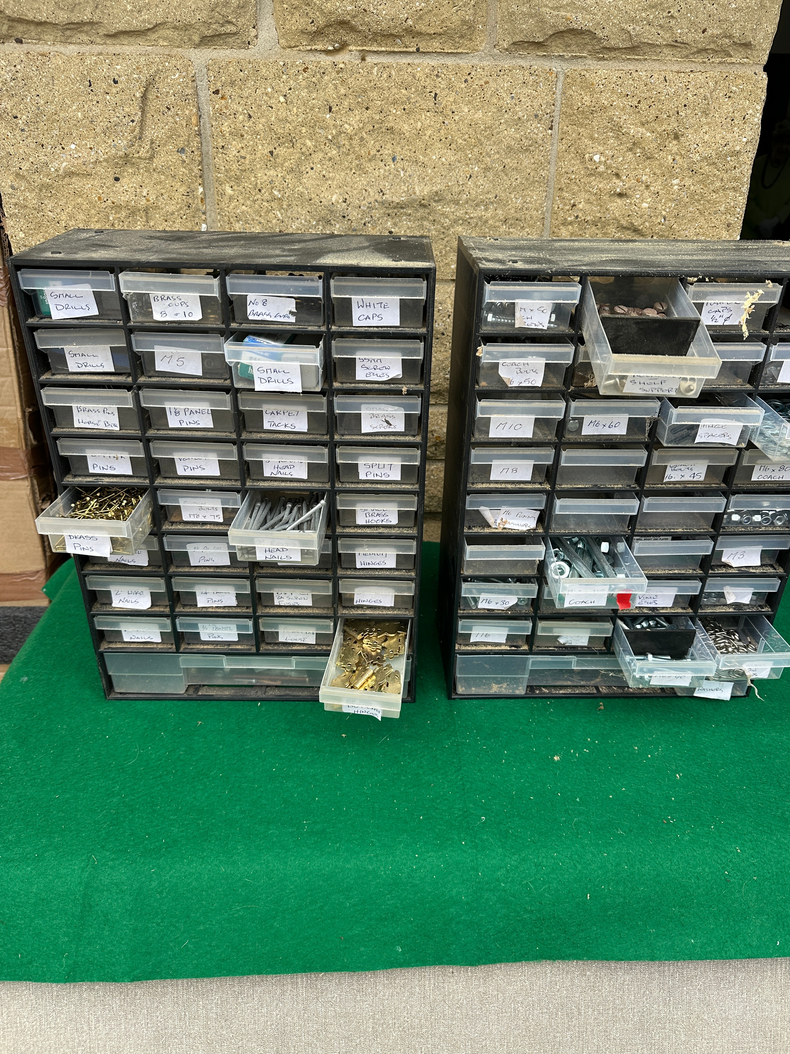 Two 20th-Century Plastic Multi-Drawer Organizers and Assorted Hardware Collection