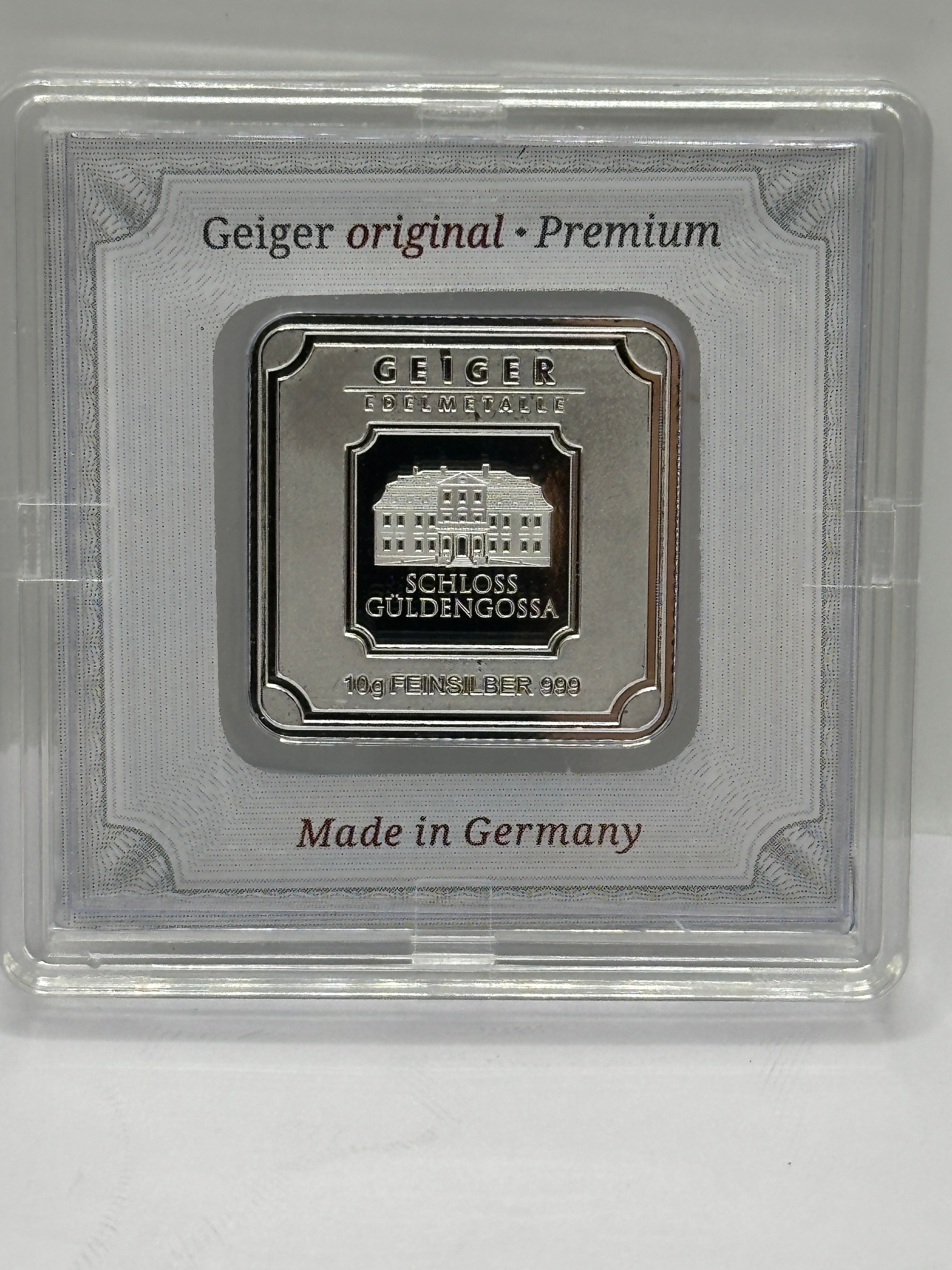 Geiger Edelmetalle 10g 999 Fine Silver Square Bar, Original Assay