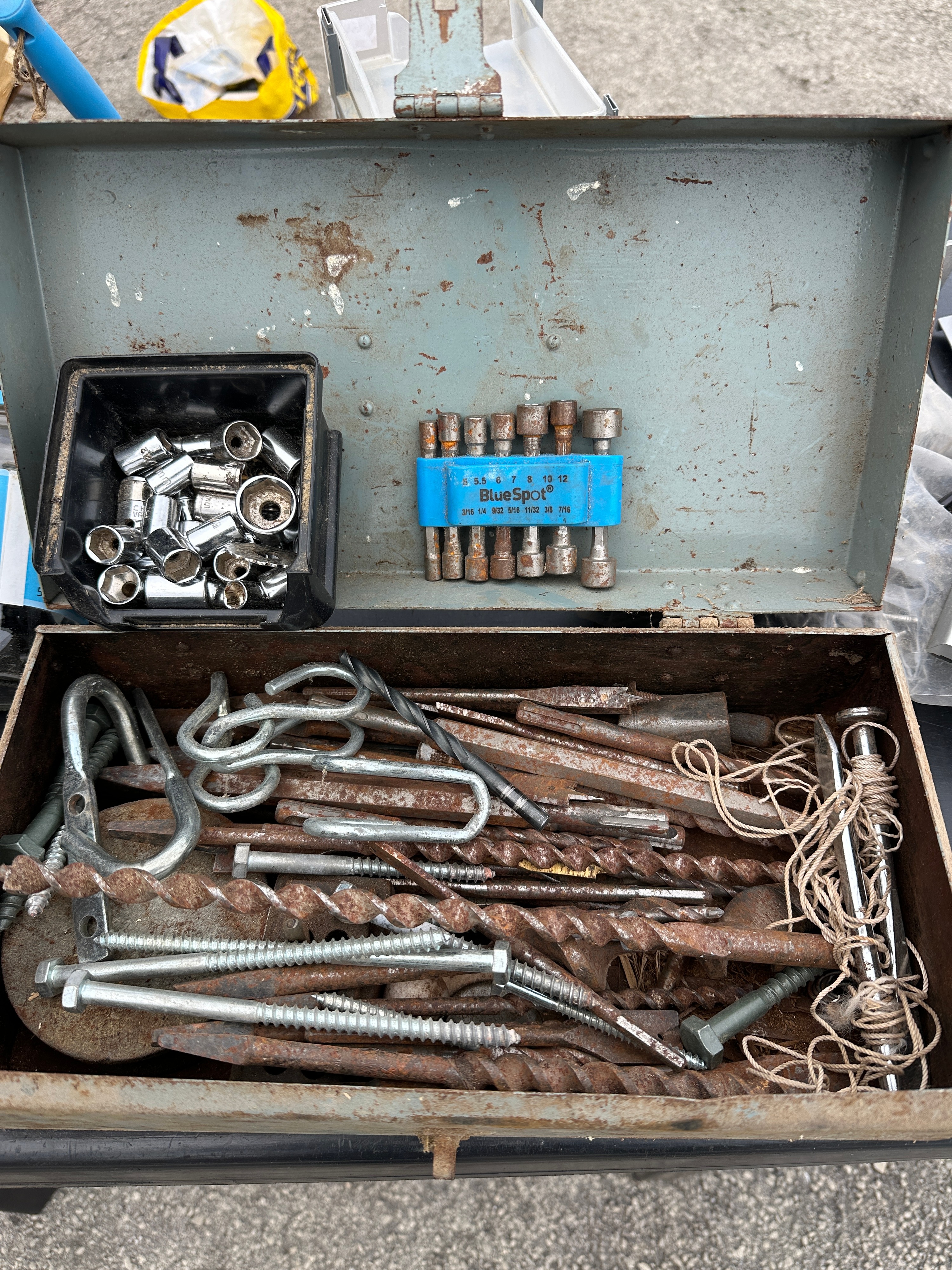 A Vintage Metal Tool Box Containing Assorted Tools and Fasteners