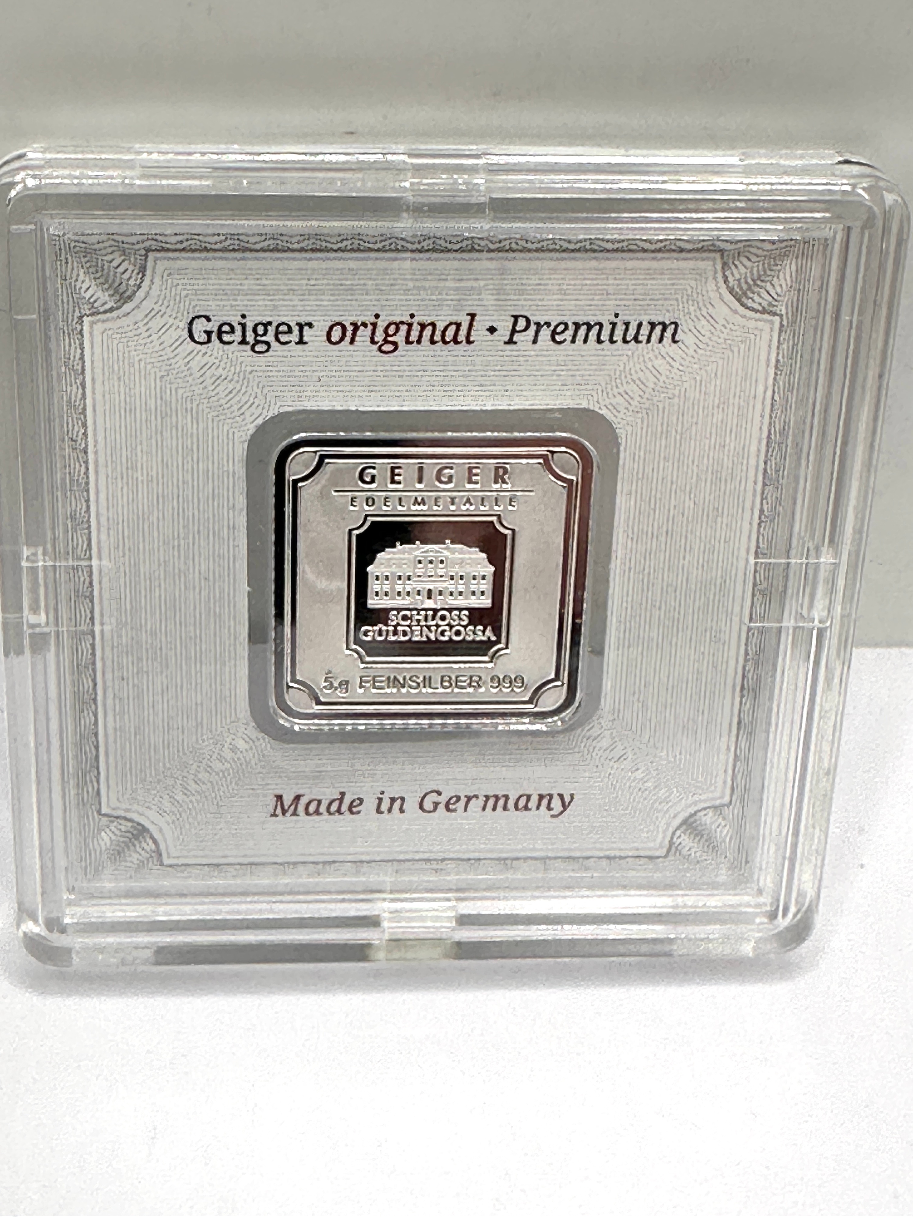 A Geiger Edelmetalle 5 Gram .999 Fine Silver Square Bar