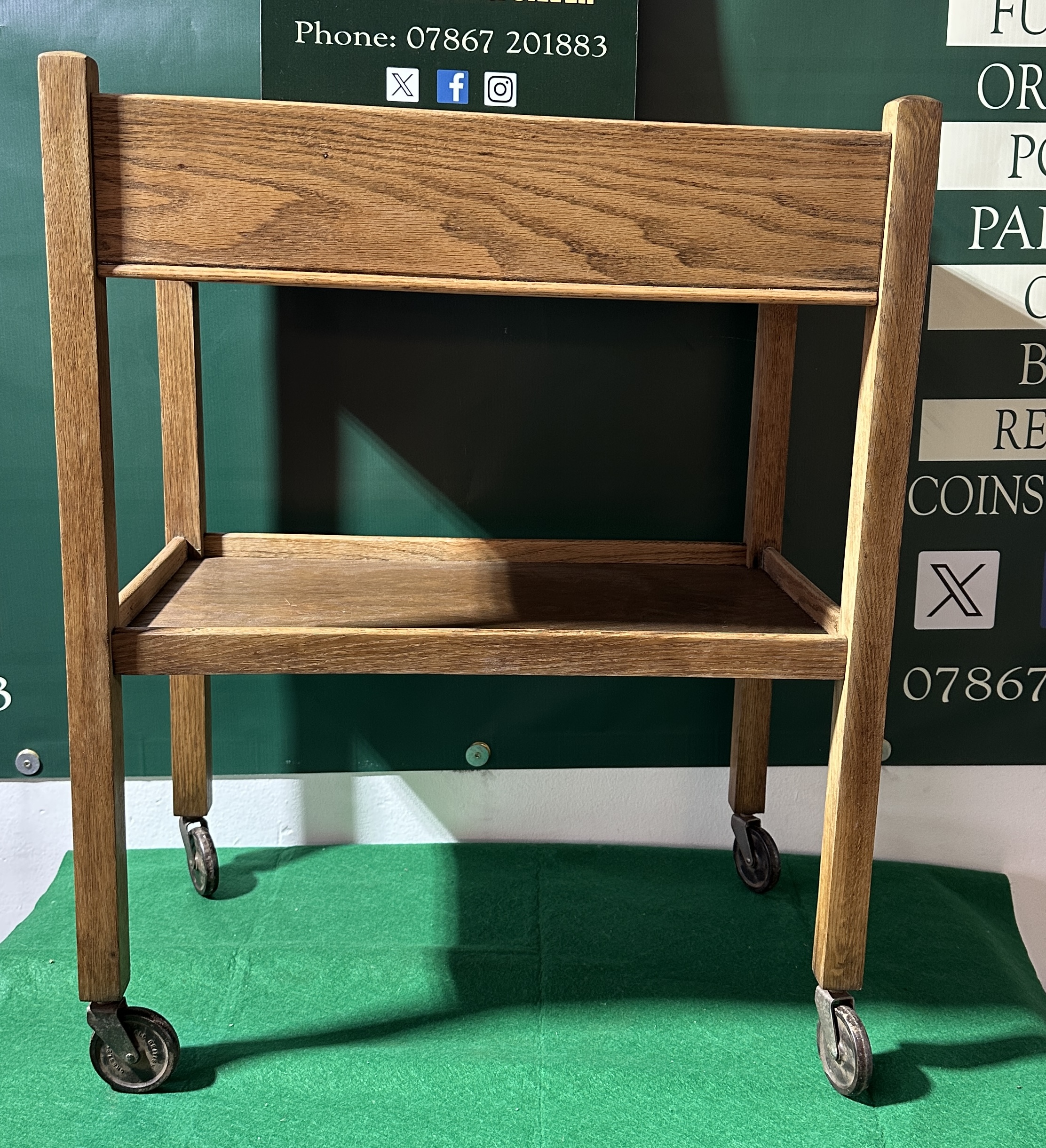 A Mid-20th Century Oak Two-Tier Trolley With Dual-Access Drawer