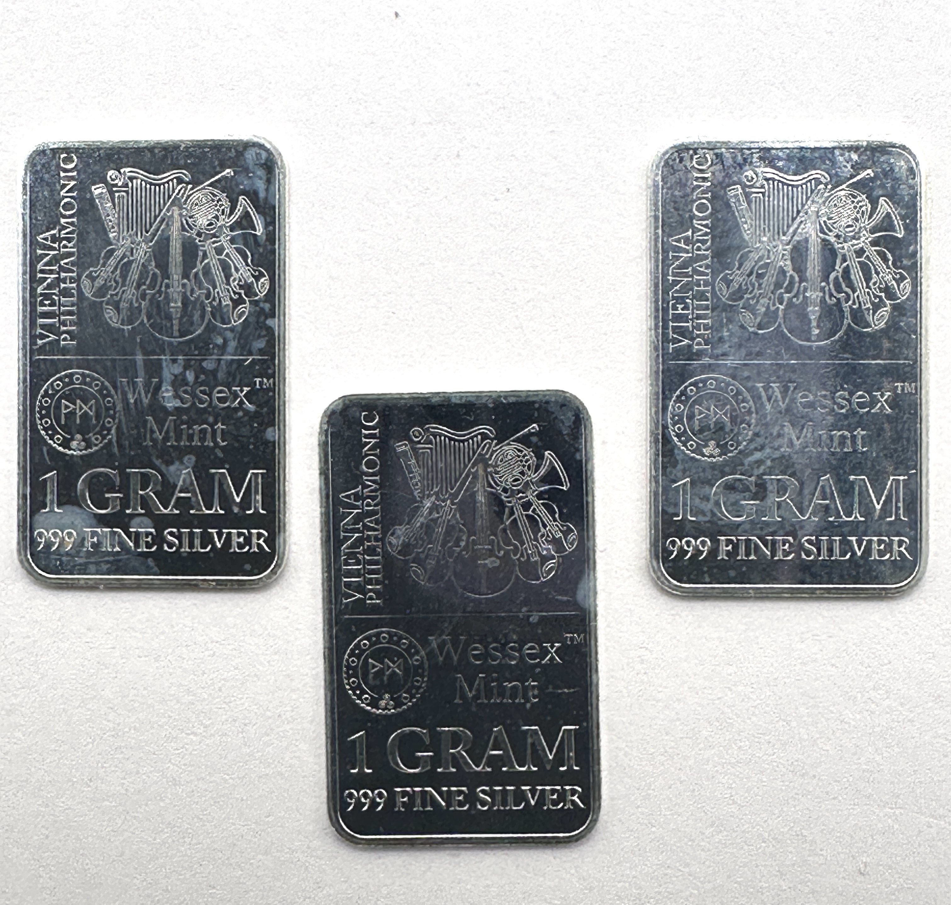 Three Wessex Mint .999 Fine Silver 1 Gram Bullion Bars