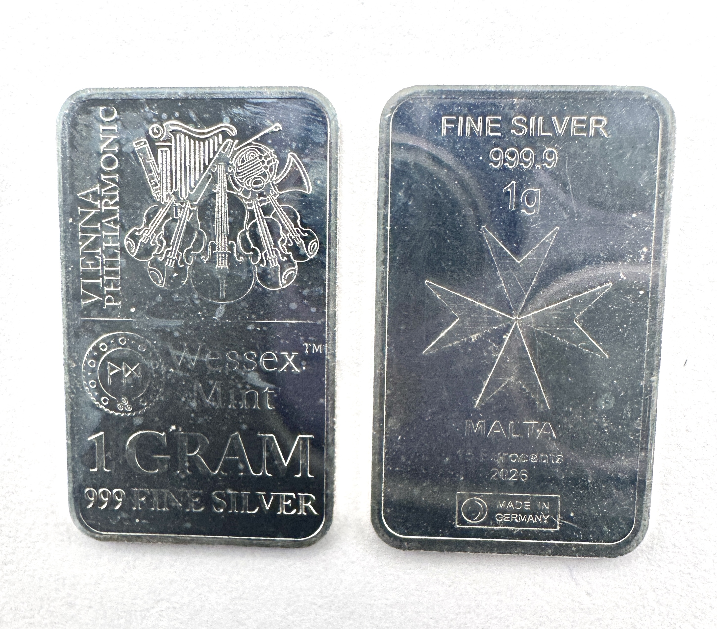 A Pair of Wessex Mint 1 Gram 999 Fine Silver Bars