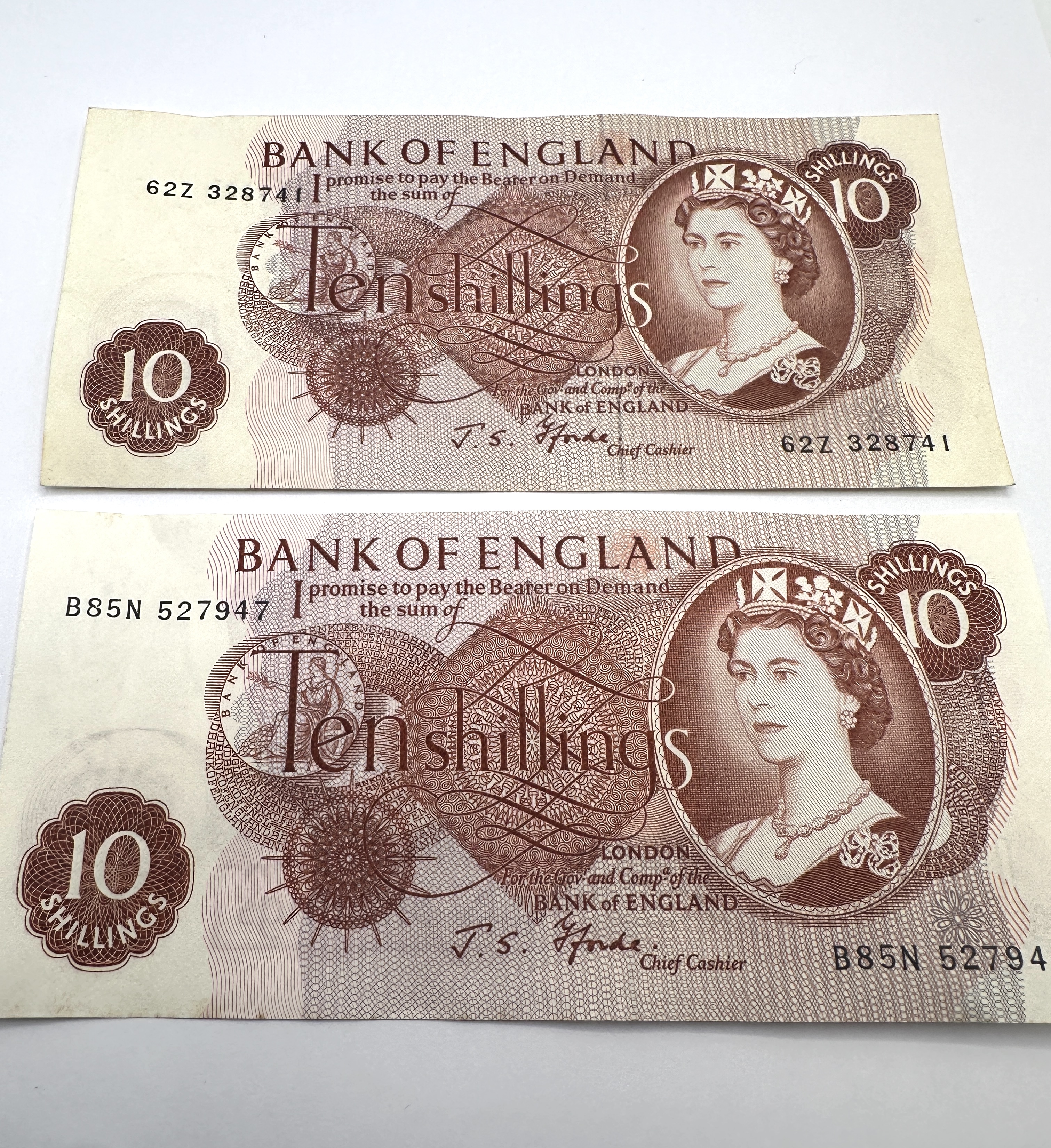 A Pair of Bank of England Ten Shilling Banknotes, J. S. Fforde