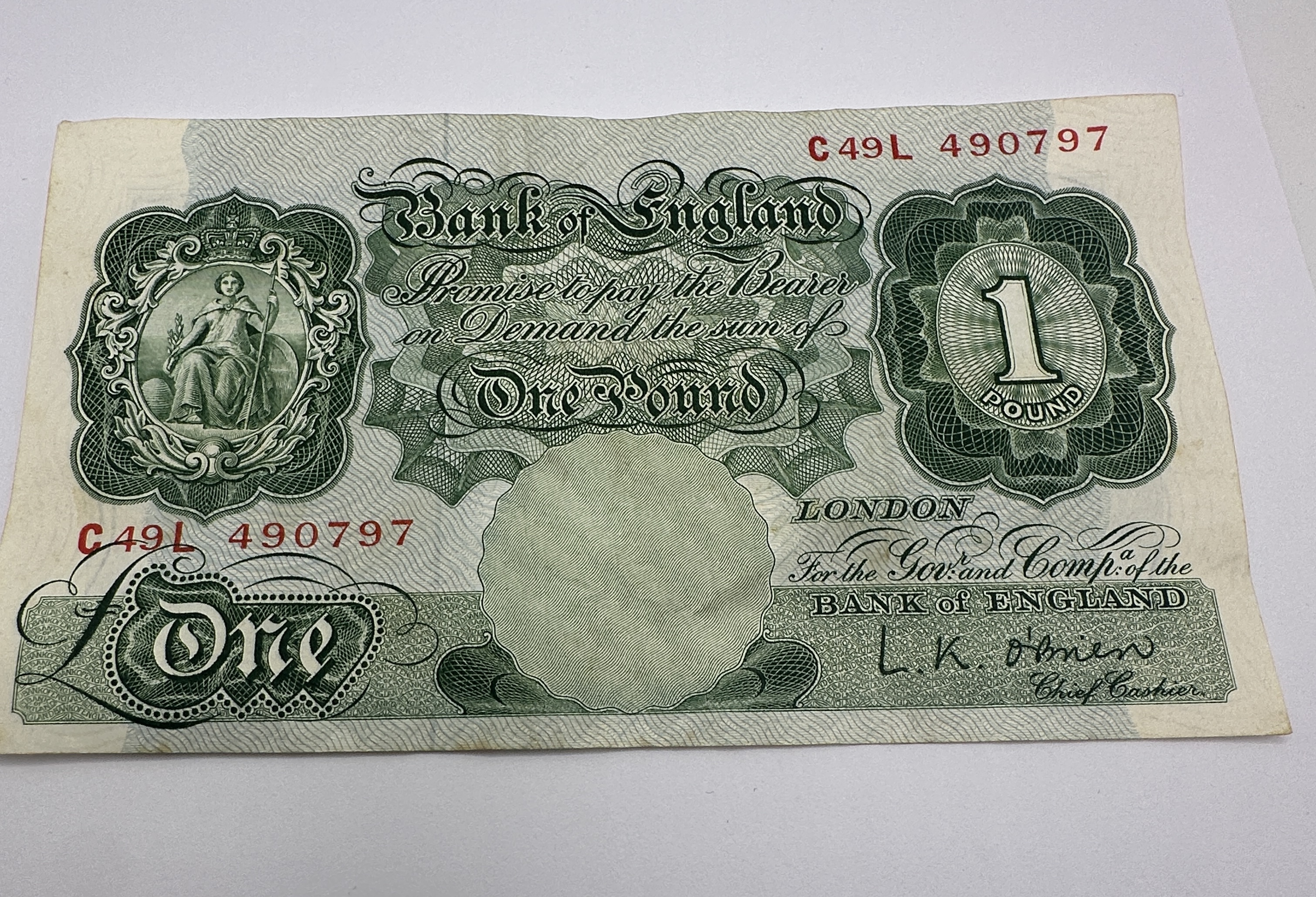UK Bank of England One Pound Banknote, Chief Cashier L. K. O'Brien