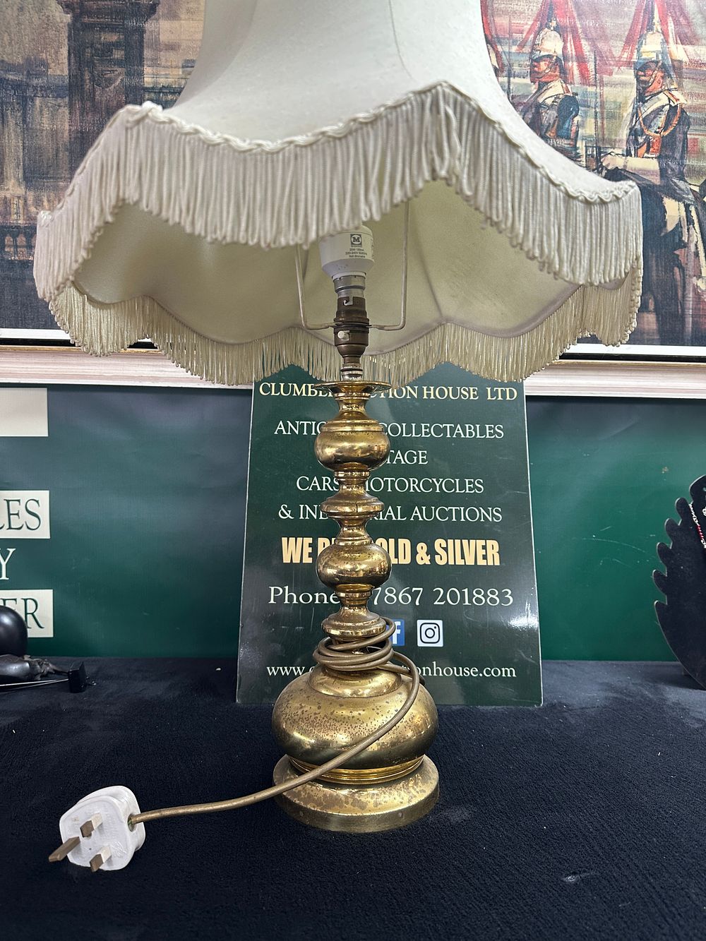 Lot 513: A Metal Table Lamp with Scalloped Fringed Shade