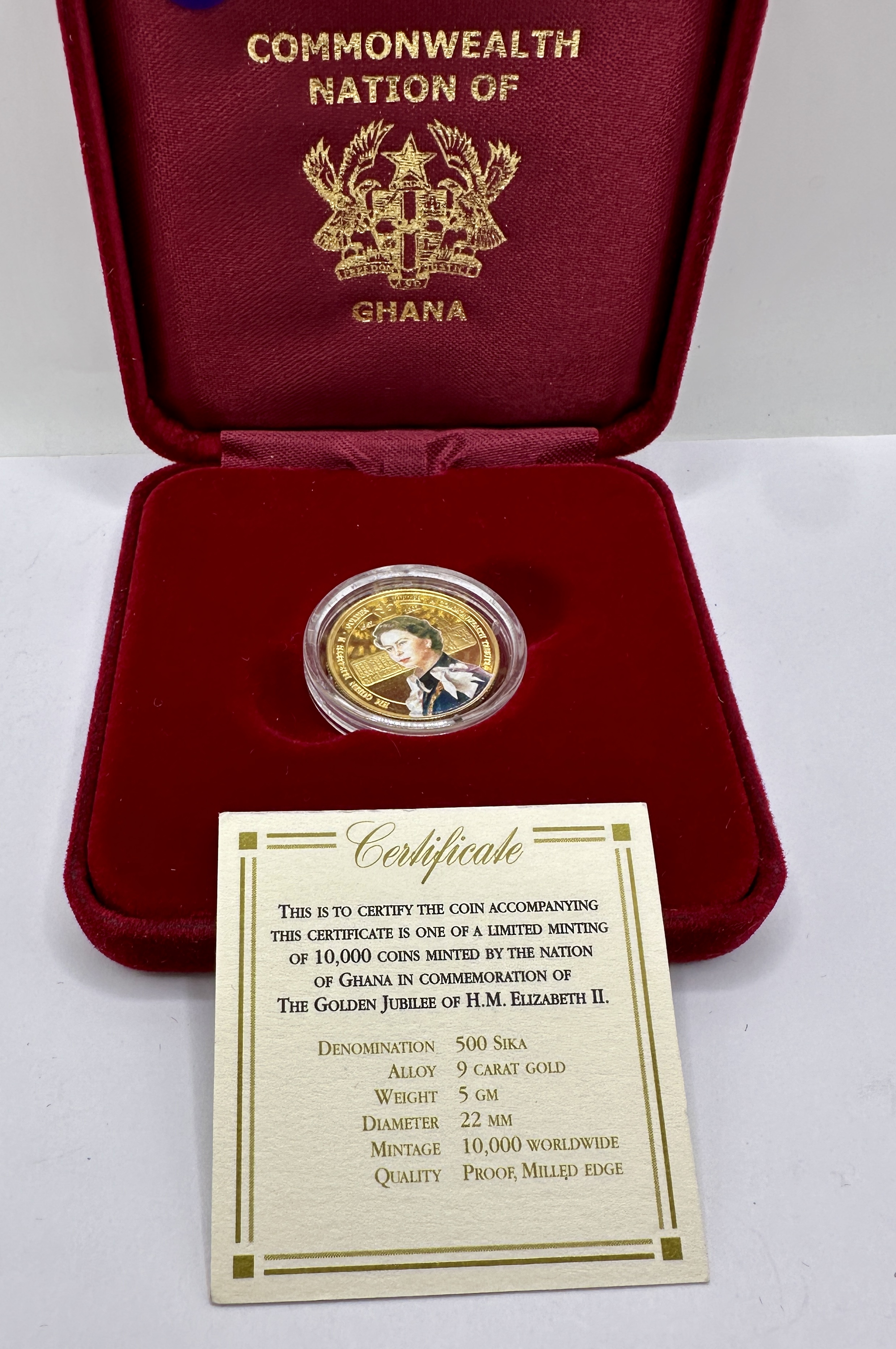 Ghana 2002 Queen Elizabeth II 9 Carat Gold 500 Sika Coin