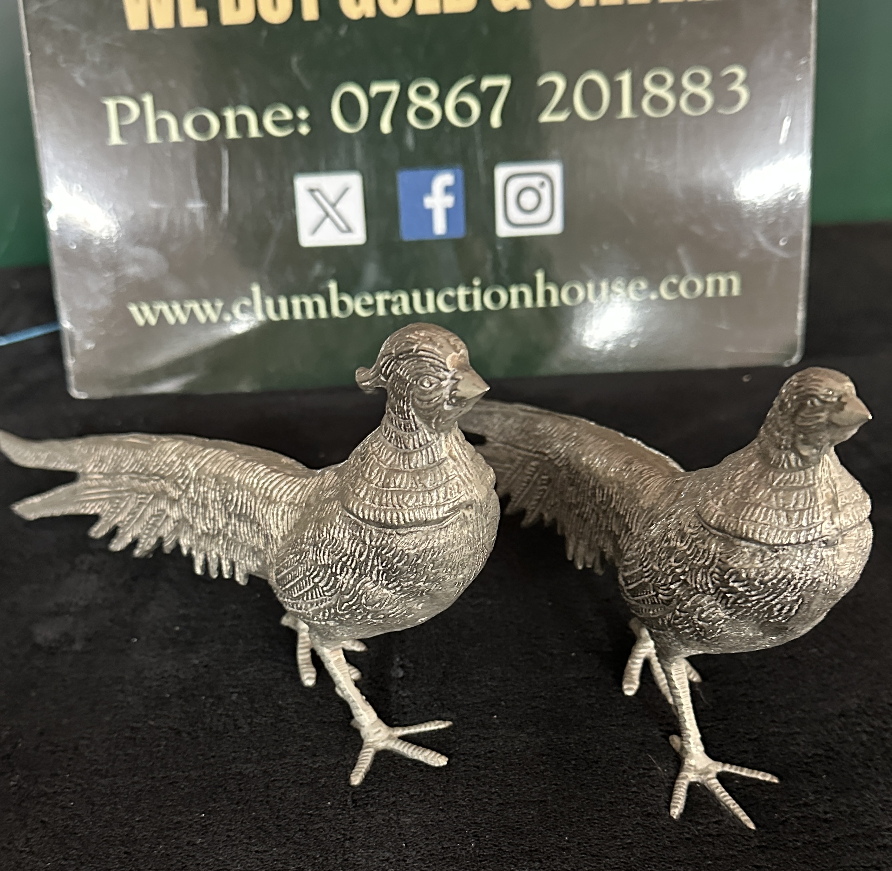A Pair of White Metal Pheasant Figurines