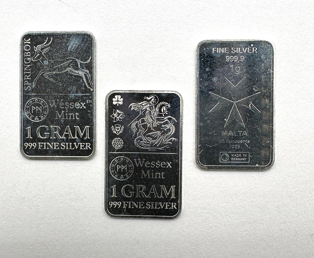 Lot 168: A Trio of Wessex Mint 1 Gram 999 Fine Silver Bars