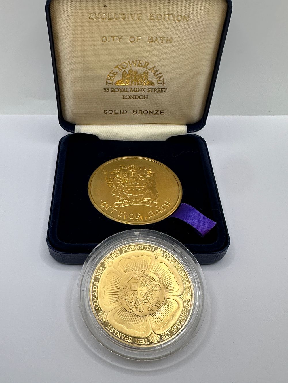 Lot 204: Two Commemorative UK Bronze and Metal Medallions, City of Bath and Spanish Armada