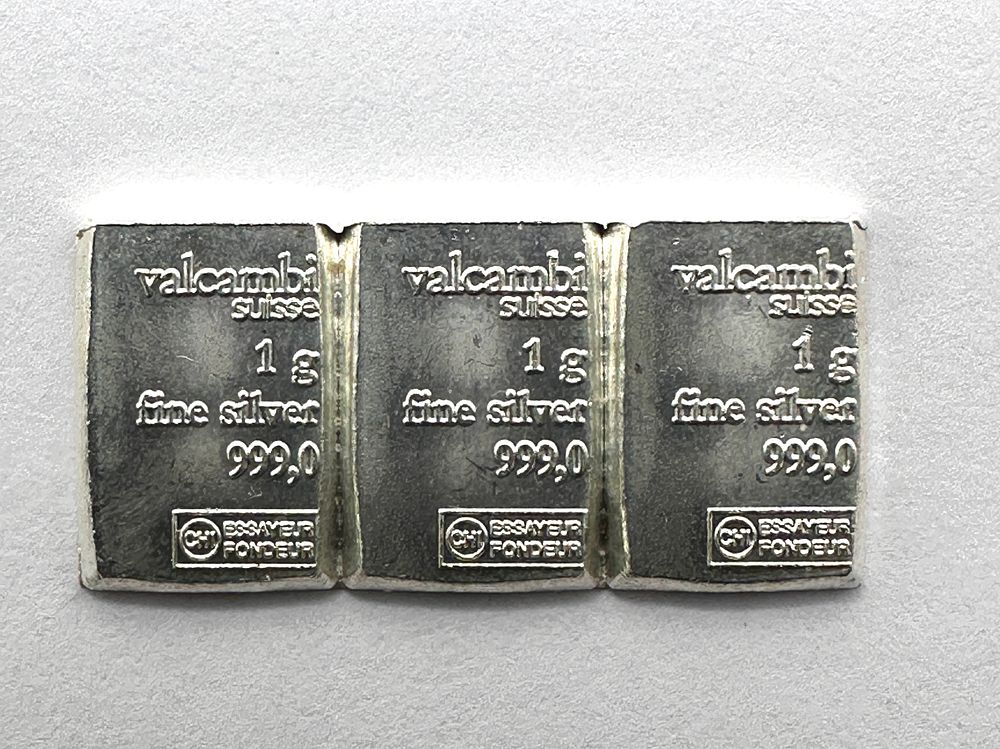 Lot 213: A Trio of Valcambi Suisse 1g .999 Fine Silver CombiBars