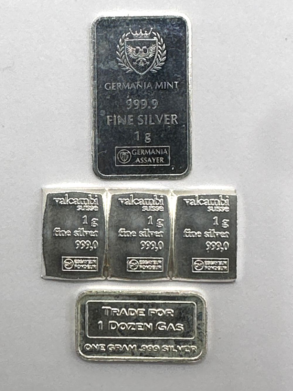 Lot 232: A Group of Five One Gram 999 Fine Silver Bullion Bars