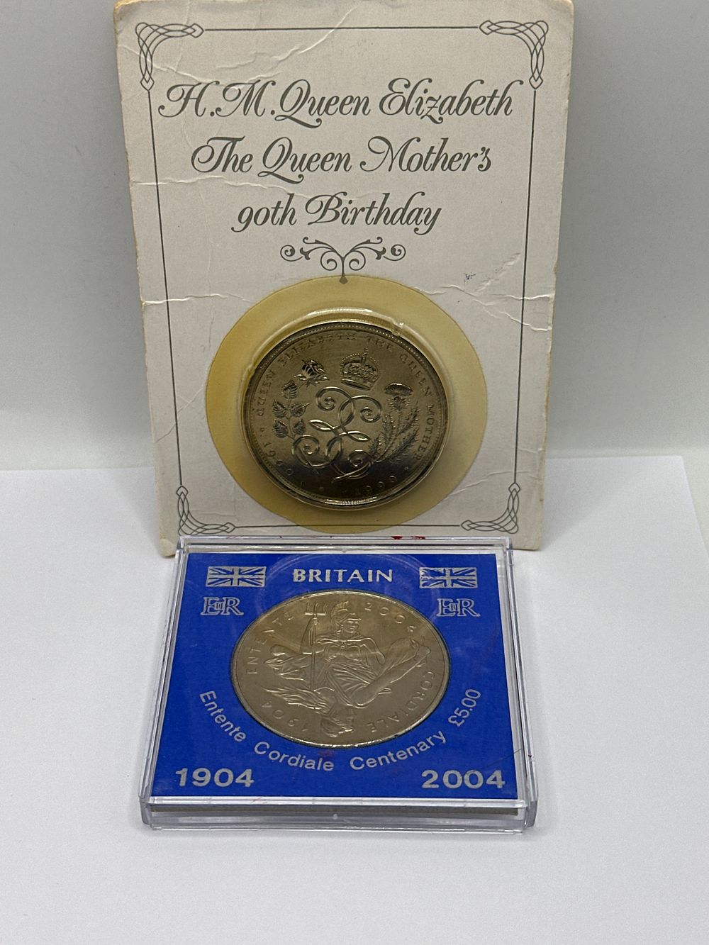 Lot 243: A Pair of UK Five Pound Commemorative Coins, 1990 and 2004
