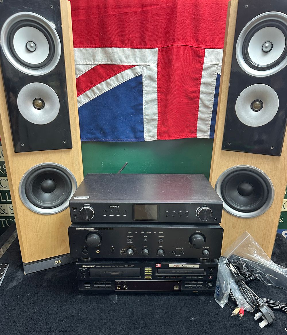 Lot 141: A Stack of Audio Components with a Pair of TDL Speakers