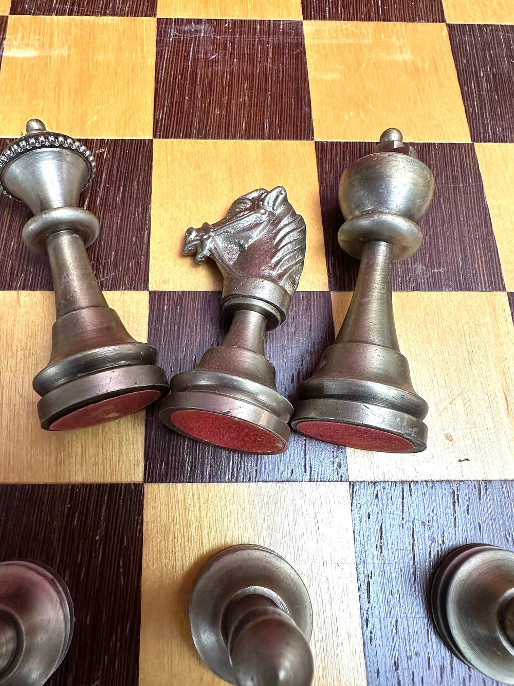 Lot 145: A Complete Thirty-Two Piece Metal Staunton Style Chess Set and Board